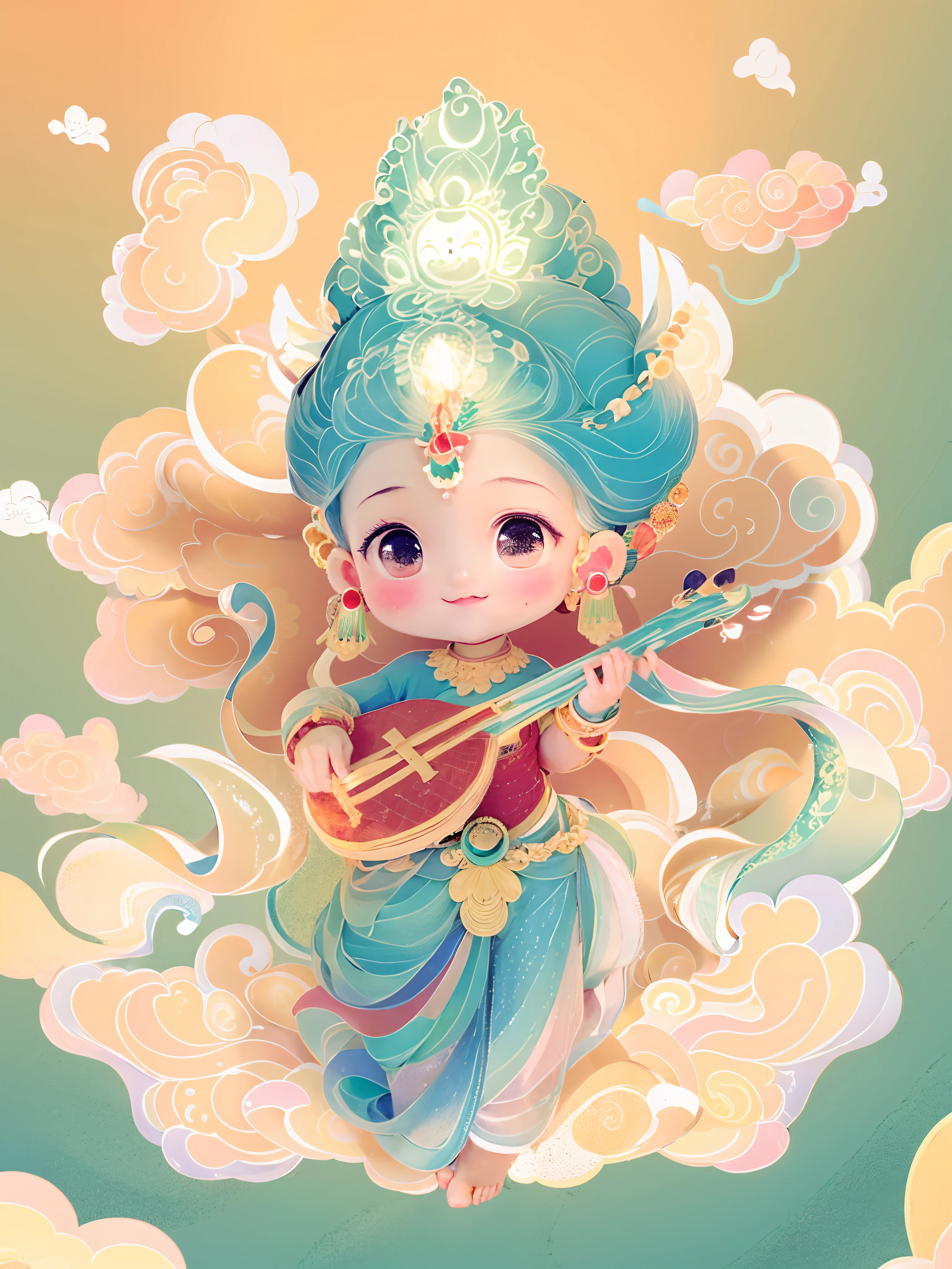 A cute girl，Wear traditional clothing，Auspicious clouds，