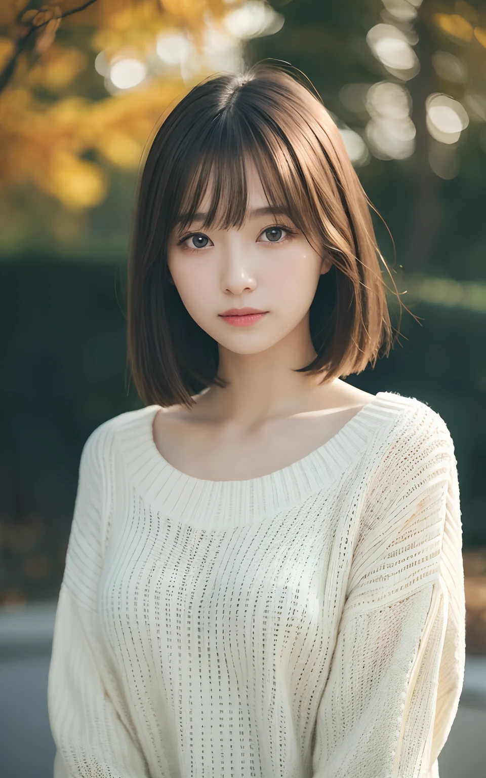 masutepiece, Best Quality, 8K, 20 yo, large full breasts, cute little, Solo, sad, Cute, Girly, Delicate girl, Neat and clean beauty, Raw photo, Professional Photography, Portrait, Soft light, Professional Lighting, Back lighting, Upper body, Looking away, Sophisticated, Film grain, (Eyes and faces with detailed:1.0), Short-length floating hair, Beautiful flowing hair, Bangs, Sweaters,