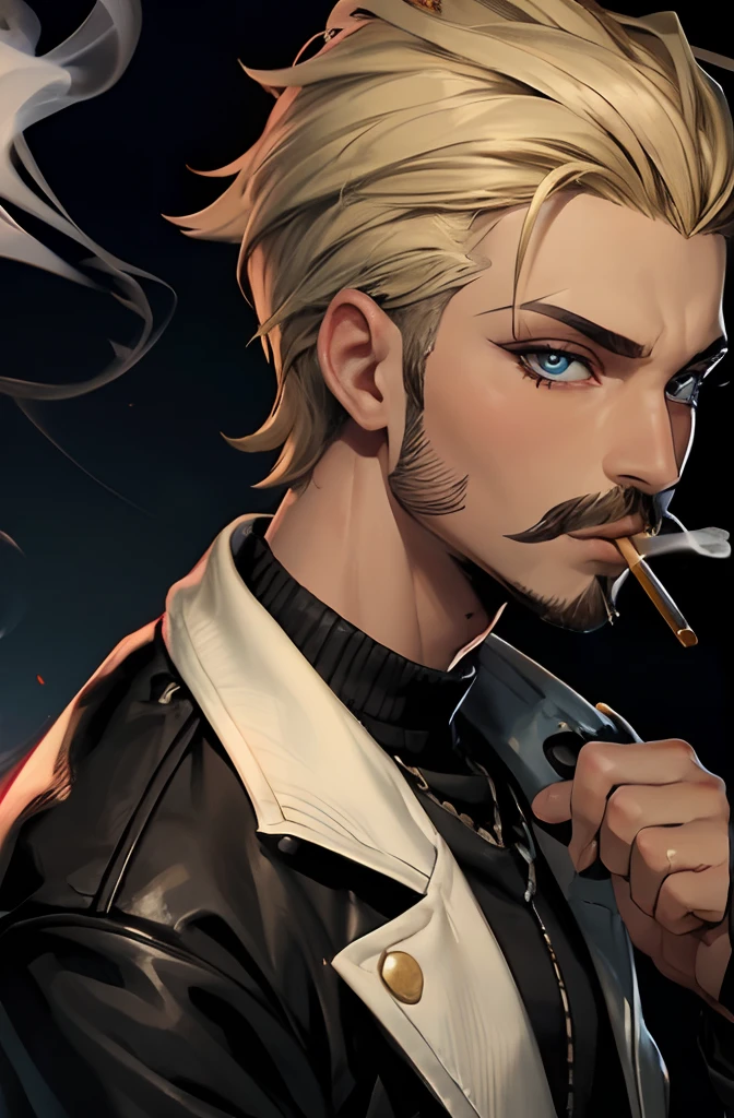 1 smoking man, smoking massive blunt, smoking a joint, smoking weed, Bratz Boy, 1 male Bratz, 32 years old, short hair, dirty blonde, mustache, facial hair, blue eyes, brown cigarette.