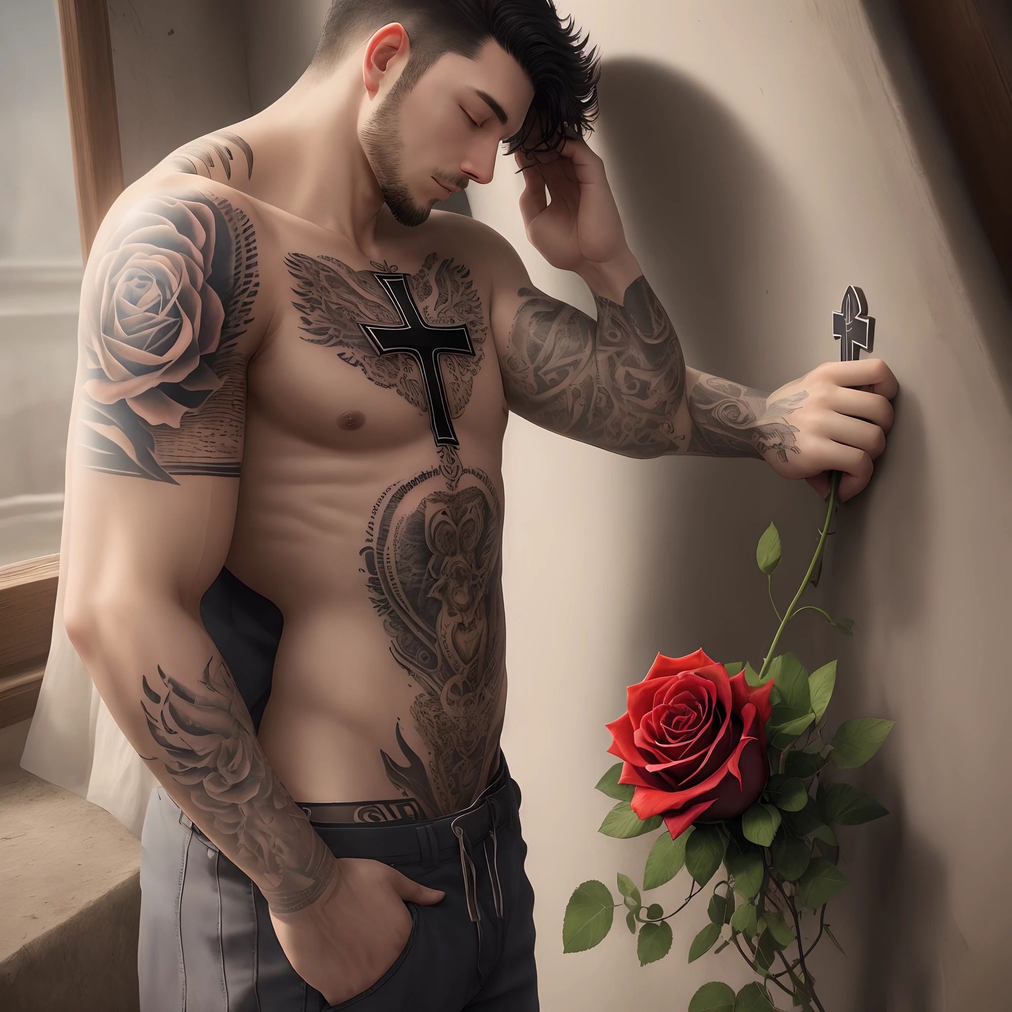 Man should tattoo of cross, roses and praying hands