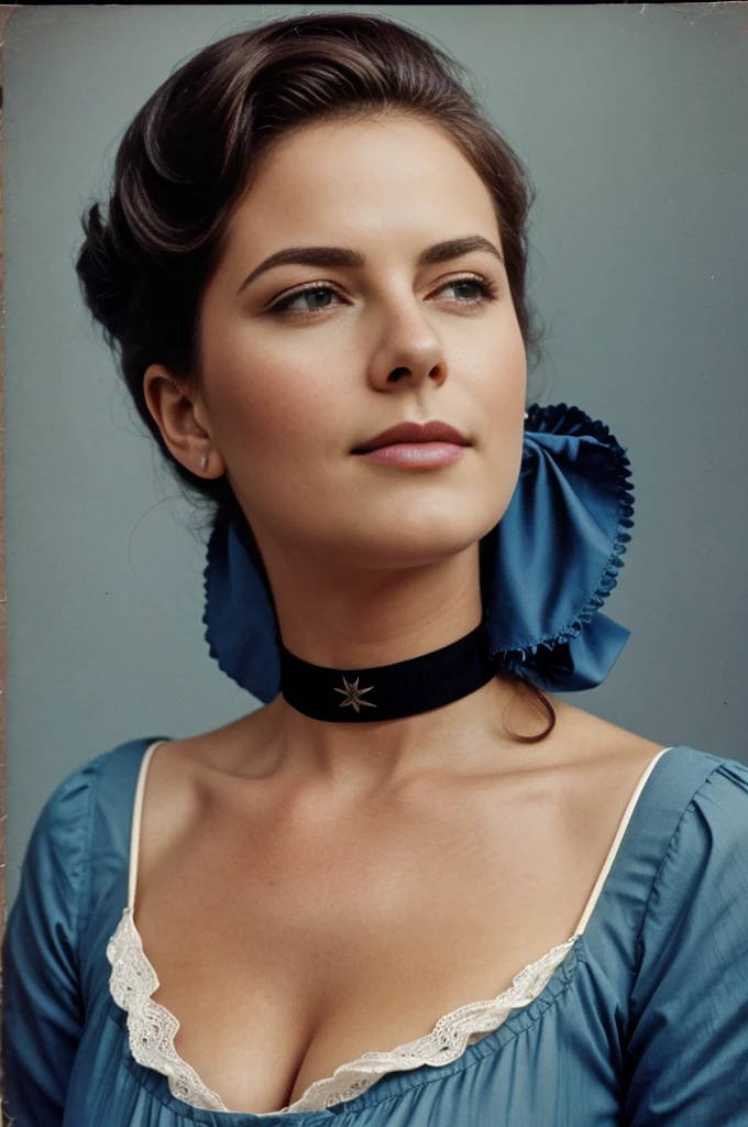, photo vintage, visage parfait, erotick, cheveux bleu, tache de rousseur,  Up, american shot (3/4 coups)  cuir , moulant,  belle, clivage, choker,  tres gros seins, chemise, Jupe courte