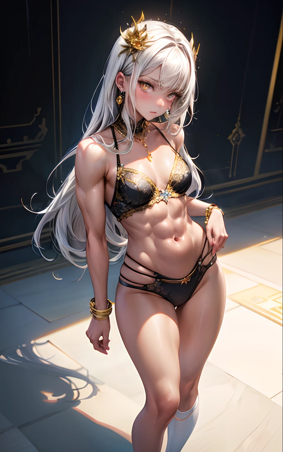full female body standing in gym, (((Multicolor Hair, [White Hair])))), Ultra Realistic 8k CG, Perfect Face, Flawless, Bright Golden Eyes, Clean, Masterpiece, Professional Artwork, Famous Art, Cinematic Lighting, Perfect Face , beautiful face, beautiful eyes, (((perfect female body, narrow waist, broad chest, broad shoulders, slim muscles, toned muscles))), beautiful queen, royal, divine, goddess, (royal palace), fantasy, dreamlike, unreal, sci-fi, (small breasts, tiny breasts, flat chest), beautiful clothes , lace, lace trims, lace clothing, lace clothing, breasts out, absurdly long hair, very long hair, (rich: 1.4), prestige, luxury, jewelry, diamond, gold, pearl, gem, sapphire, ruby, emerald, intricate detail, delicate pattern, sexy, enchanting, alluring, alluring, erotic, enchanting, hair ornament, necklace, earrings, bracelet, bangle, looking at viewer, Unbeatable Masterpiece, Ultra Realistic 8k CG, Perfect Art, Super Detailed Rendering, Masterpiece, High Quality, High Resolution, Detail maniac, High Definition, High Quality, Detailed Face, Detailed Body Limbs, Sleeveless Shirt, No Zipper Jacket, No Bra, exposed breasts, blush, white stockings, , well-detailed breasts, beautiful female body, full body, muscular chest, bodybuilder, strong physique, muscle mommy, slim waist, toned abs, muscular quads, muscular lats, bright golden eyes, full body in seductive motion , exposed breasts well detailed breasts,shining black and gold eyes,