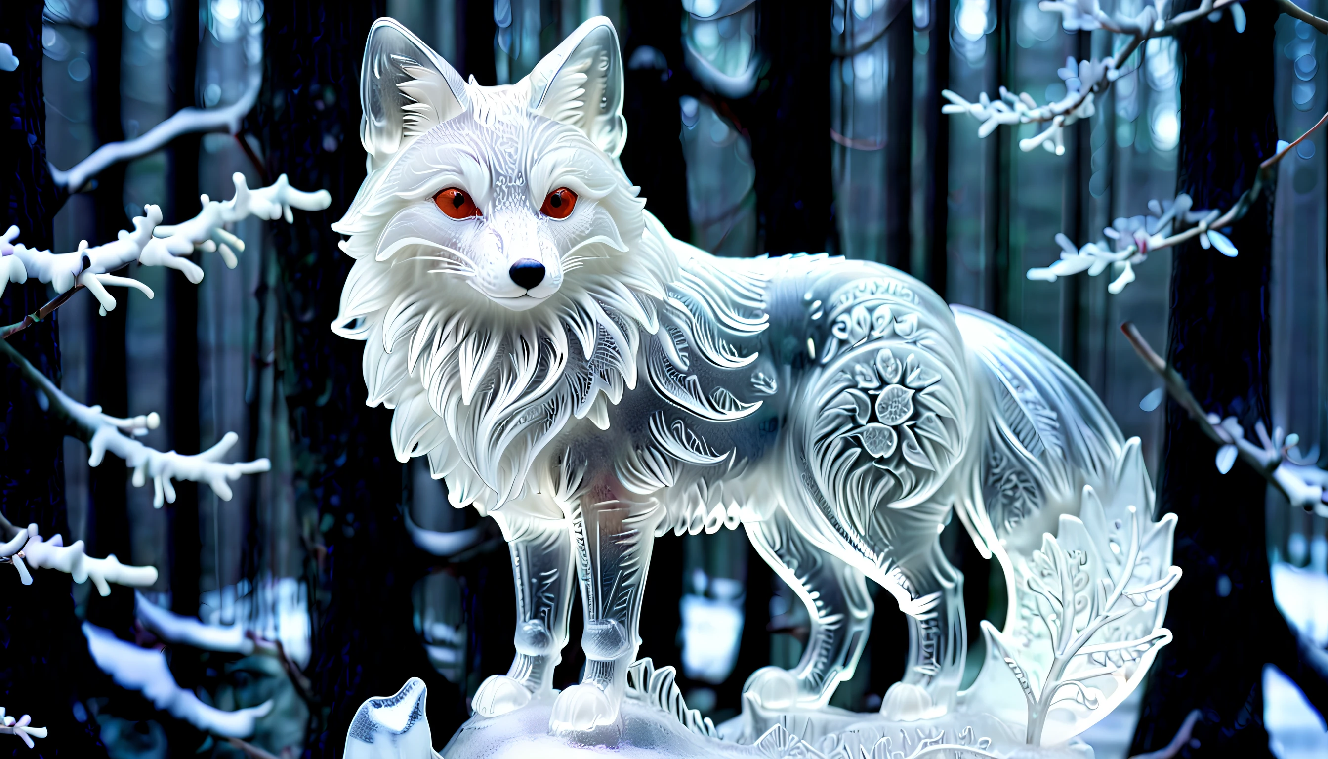 An intricate and delicate ice sculpture of a silver fox, with precise detailing and expert craftsmanship, set against a backdrop of a snowy forest.