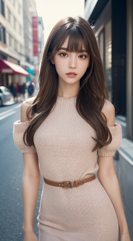 (Best Quality, 8K, masutepiece, Ultra HD: 1.3), 1girl in, mideum breasts, light brown hair, Blunt bangs, hair behind ear, hair over shoulder, Long hair, slender body shape, Ultra Fine Face, Delicate lips, Beautiful eyes, Double eyelids, Moles around the eyes,lipsticks,Facial expressions inviting a man, Ultra-thin hands, Ultra-fine fingers, Knitted Dresses , beauty legs ,street