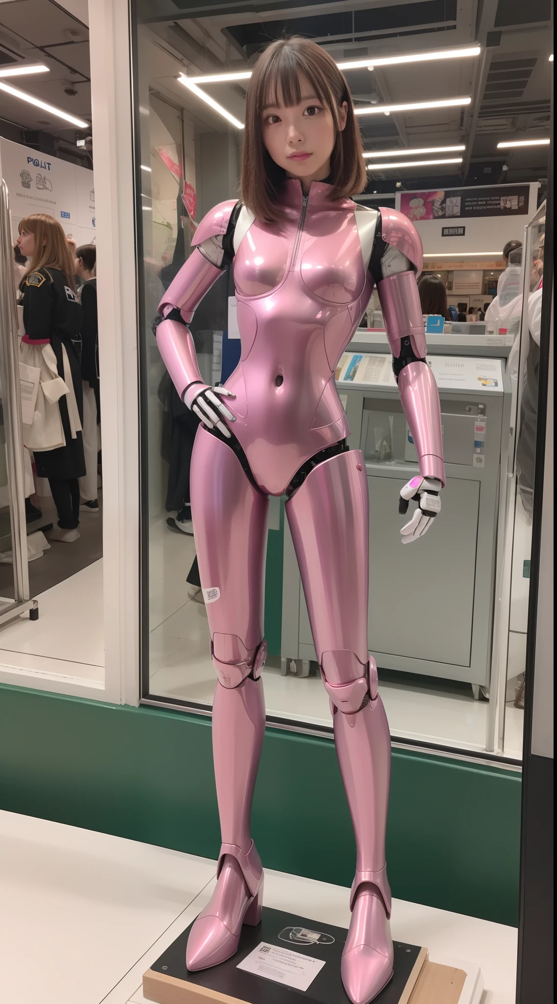Robot Girl, pink there, Silver, Metallic body, Robot Parts, Metal Parts, Super Detailed Face, Super well-formed face, of the highest quality, a small face, a small head, Brown hair, Slender body, Camera gaze, Internal Mechanical Exposure, Idol, front facing, Well-proportioned body, sale, exhibition, Event Hall, Moe Pose, metallic police uniform Machine Armor, Standing with legs open, Model body type, sad, Embarrassing,(Perfect Robot Girl),(Perfect machine body)