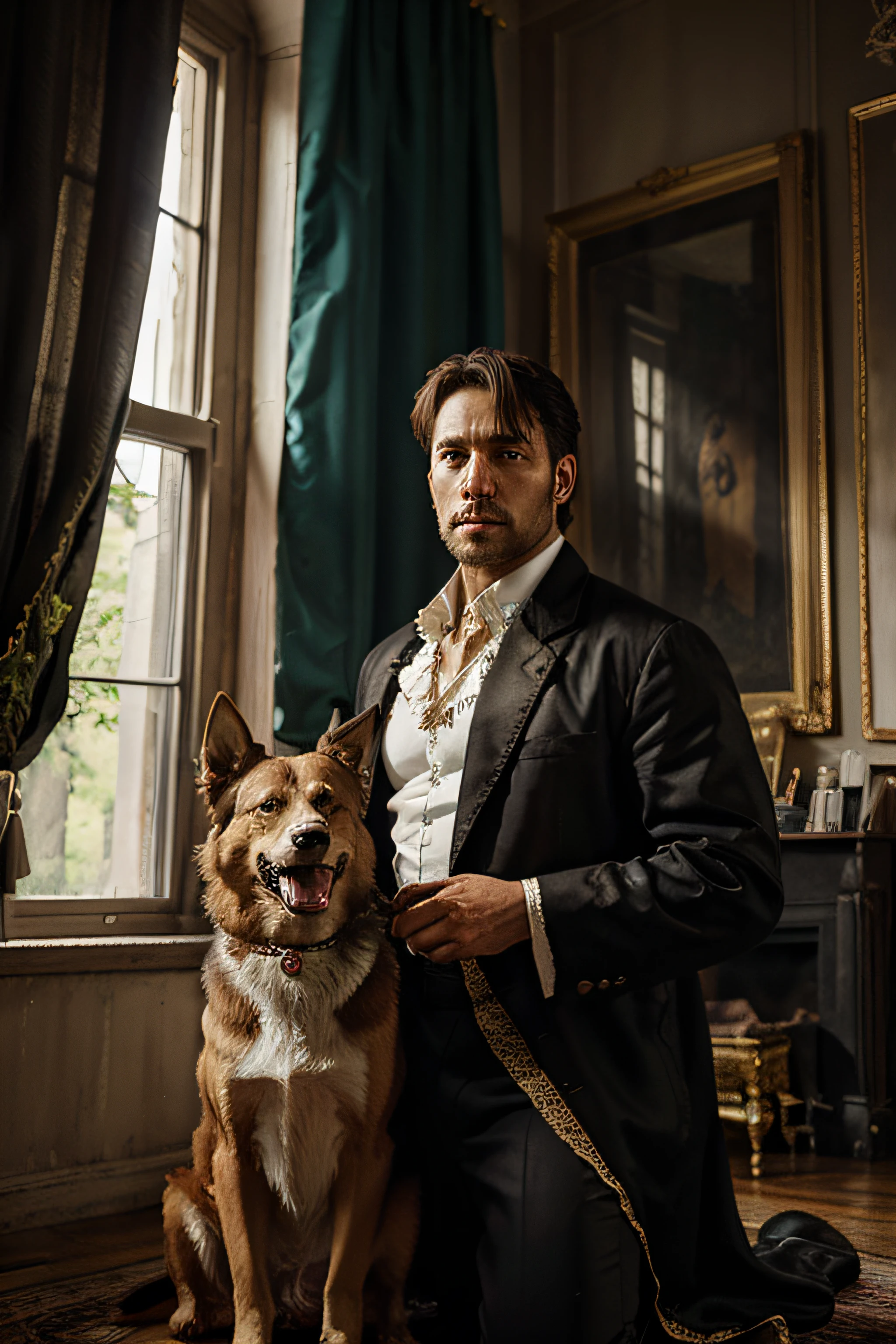 a king with dog , portrait , torn , oil painting style , big curtains in the background