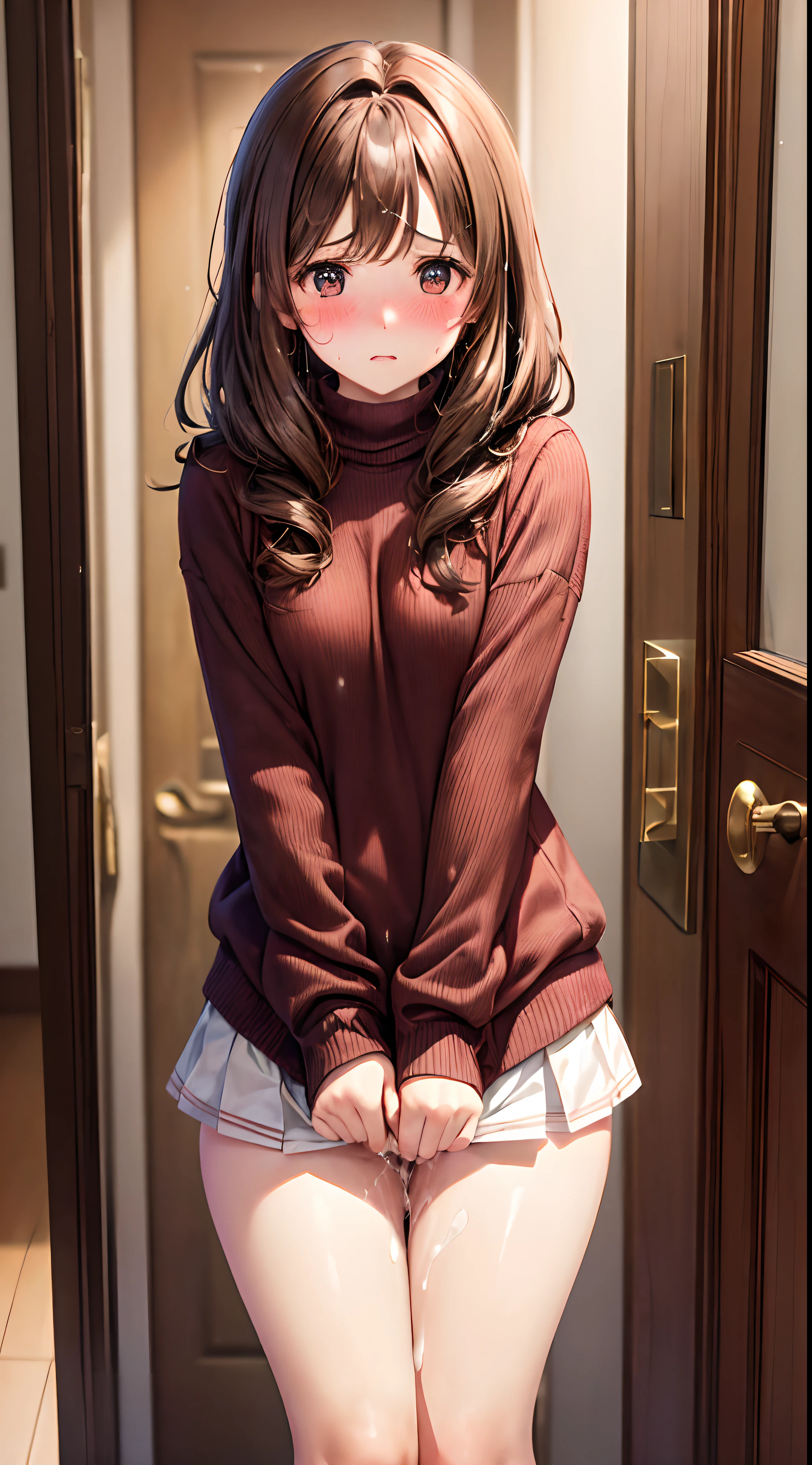 1womanl,Brown hair, ,((Impatient expression)),Beautiful breasts,Sweaters,Pretz skirt style is good,,(Facing the front)(((Blushing cheeks、Surprised look)),((())),((( A small amount of ejaculation on the inside of the thigh)))