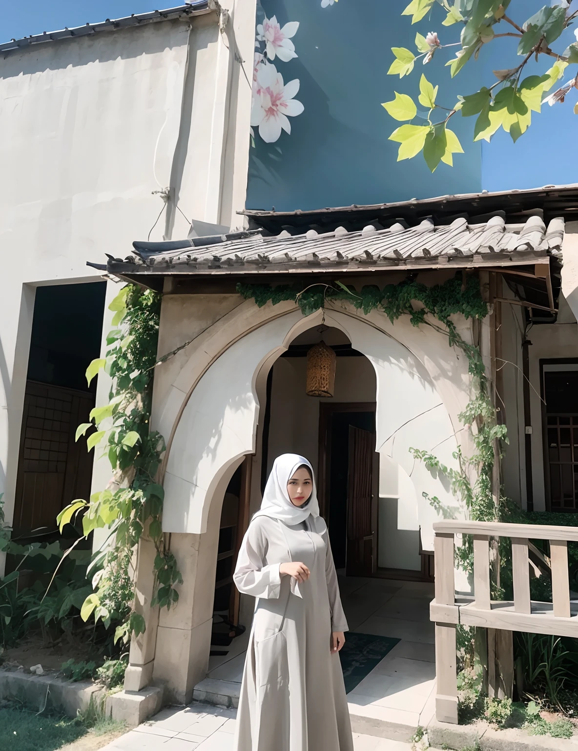 woman in brown dress standing in front of a building with a white arch, background is heavenly, with ivy, hijab, instagram story, full protrait, booth. pm, wonderful masterpiece, inspired by Mym Tuma, captured on iphone, faridah malik, highly aesthetic, arsitektur nusantara, inspired by Shaddy Safadi