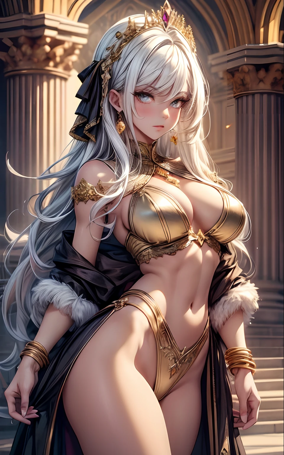 full female body standing in gym, (((Multicolor Hair, [White Hair])))), Ultra Realistic 8k CG, Perfect Face, Flawless, Bright Golden Eyes, Clean, Masterpiece, Professional Artwork, Famous Art, Cinematic Lighting, Perfect Face , beautiful face, beautiful eyes, (((perfect female body, narrow waist, broad chest, broad shoulders, slim muscles, toned muscles))), beautiful queen, royal, divine, goddess, (royal palace), fantasy, dreamlike, unreal, sci-fi, (small breasts, tiny breasts, flat chest), beautiful clothes , lace, lace trims, lace clothing, lace clothing, breasts out, absurdly long hair, very long hair, (rich: 1.4), prestige, luxury, jewelry, diamond, gold, pearl, gem, sapphire, ruby, emerald, intricate detail, delicate pattern, sexy, enchanting, alluring, alluring, erotic, enchanting, hair ornament, necklace, earrings, bracelet, bangle, looking at viewer, Unbeatable Masterpiece, Ultra Realistic 8k CG, Perfect Art, Super Detailed Rendering, Masterpiece, High Quality, High Resolution, Detail maniac, High Definition, High Quality, Detailed Face, Detailed Body Limbs, Sleeveless Shirt, No Zipper Jacket, No Bra, exposed breasts, blush, white stockings, , well-detailed breasts, beautiful female body, full body, muscular chest, bodybuilder, strong physique, muscle mommy, slim waist, toned abs, muscular quads, muscular lats, bright golden eyes, full body in seductive motion , exposed breasts well detailed breasts,shining black and gold eyes,