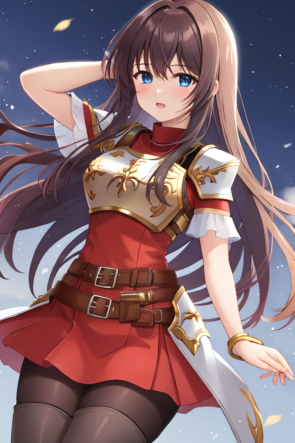 1girl, solo, looking at viewer, dark brown hair, shoulder armor, breastplate, armor, short dress, red dress, dark brown pantyhose, cowboy shot, thick thighs, one eye closed, belt, red boots