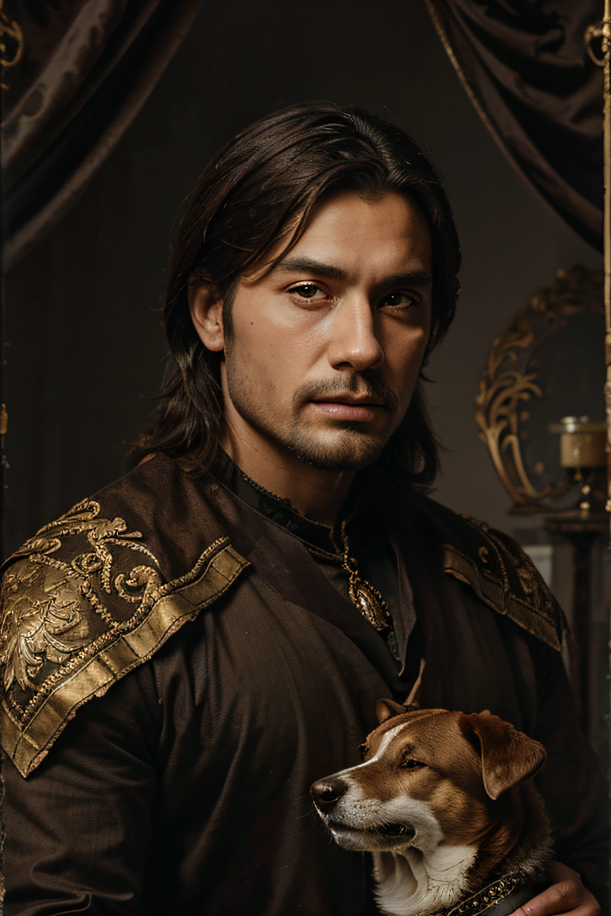 a king with dog , portrait , torn , oil painting style , big curtains in the background