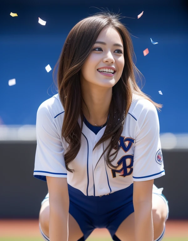 (Best Quality, 8K, 32K, masutepiece, nffsw:1.2), (1 slender woman of Japan, 28 years old, Tall gravure model), dark brown hair, Bright foreground, Professional Lighting, Photon mapping, Radio City, shading:1.3, (high-detail skin:1.2), Huge breasts:1.5, (Shorts, exposed shoulder:1.1), squatting with legs open, ((Provocative Dynamic Poses)), (she is soaking wet), top-down view:1.5, (baseball uniform:1.1, ), hyperdetailed face, Detailed lips, Detailed eyes, Double eyelids, Inside the stadium, Looking Camera, (Sensual gaze on the photographer, lips slightly open) crystal clear skies, Baseball Stadium, The audience gets excited, Confetti flies, Happy smile,