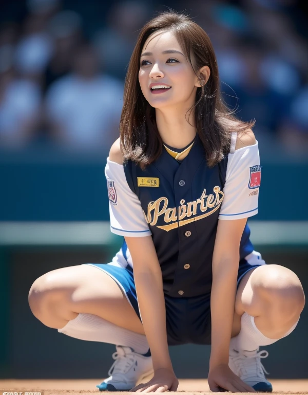 (Best Quality, 8K, 32K, masutepiece, nffsw:1.2), (1 slender woman of Japan, 28 years old, Tall gravure model), dark brown hair, Bright foreground,  Professional Lighting, Photon mapping, Radio City, shading:1.3, (high-detail skin:1.2), Huge breasts:1.5, (Shorts, exposed shoulder:1.1), squatting with legs open, ((Provocative Dynamic Poses)), (she is soaking wet), top-down view:1.5, (baseball uniform:1.1, ),  hyperdetailed face, Detailed lips, Detailed eyes, Double eyelids, Inside the stadium, Looking Camera, (Sensual gaze on the photographer, lips slightly open) crystal clear skies, Baseball Stadium, The audience gets excited, Confetti flies, Happy smile,