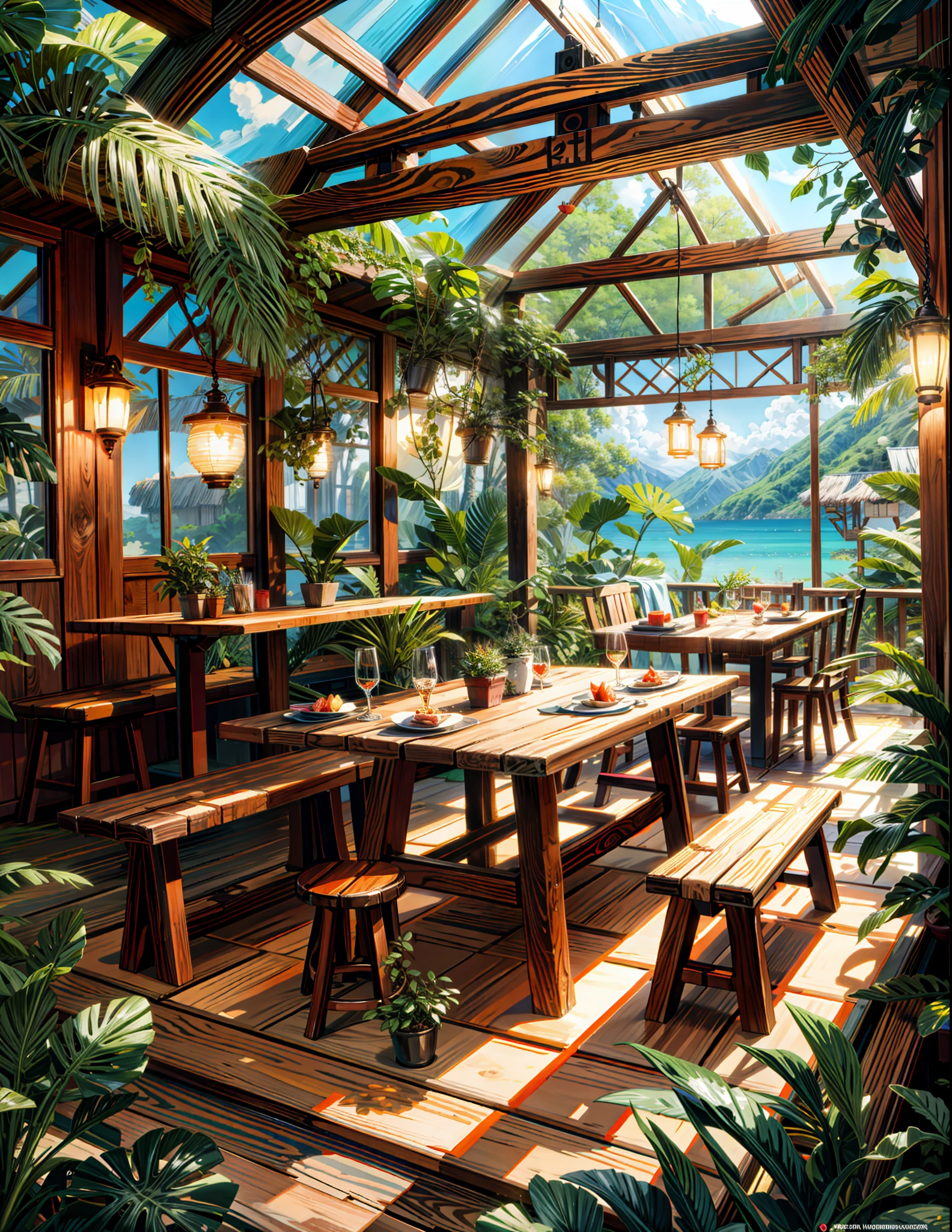 painting of a tropical forest restaurant, sunlight, beautiful calm tropical vibe,wooden table and chair, monstera plant, hanging lights  , 4k hd, moonlight, cloud,ocean, moonlight reflection,beautiful art uhd 4 k, a beautiful artwork illustration, beautiful digital painting, highly detailed digital painting, beautiful digital artwork, detailed painting 4 k, very detailed digital painting, rich picturesque colors, gorgeous digital painting
