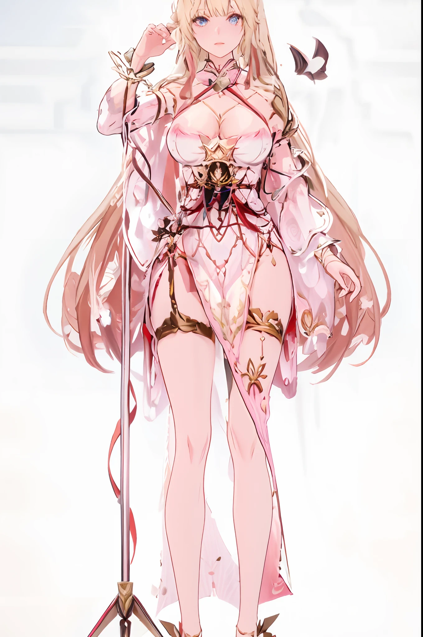A woman in a costume,He had wings and a sword in his hands,white backgrounid,white backgrounid,1个Giant Breast Girl,Bat wings,nedium breasts,cleavage,Demon tail,Devil Wings,hair adornments,banya,tightsuit,long whitr hair,long whitr hair,long leges,red eyes,upper legs,White leg suit,Wings