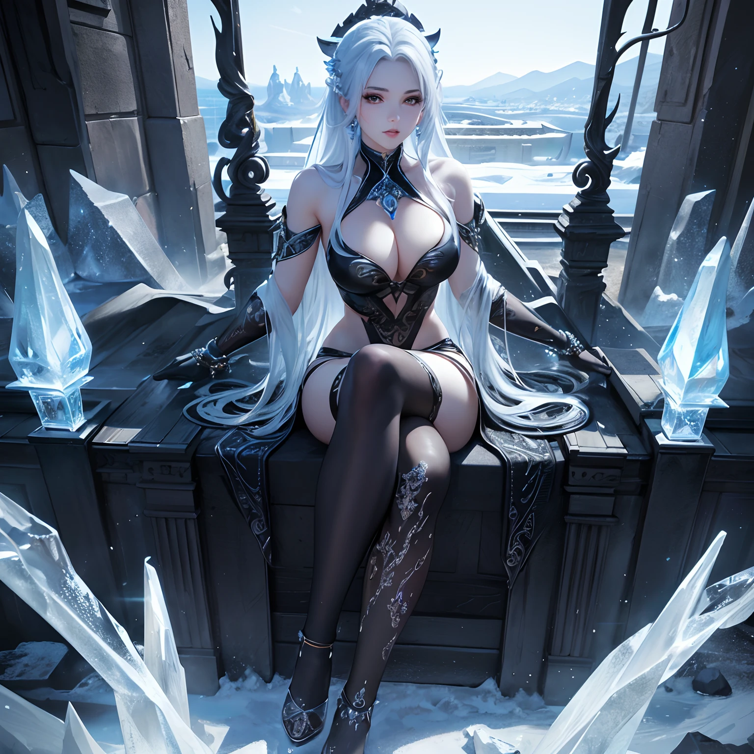 super high quality, (8k, RAW photo, realistic), ice sculpture of a beautiful woman, background black, gorgeous temple of fire, (magnificent view:1.3), detailed and delicate depiction and flashy and dynamic painting method, professional lighting