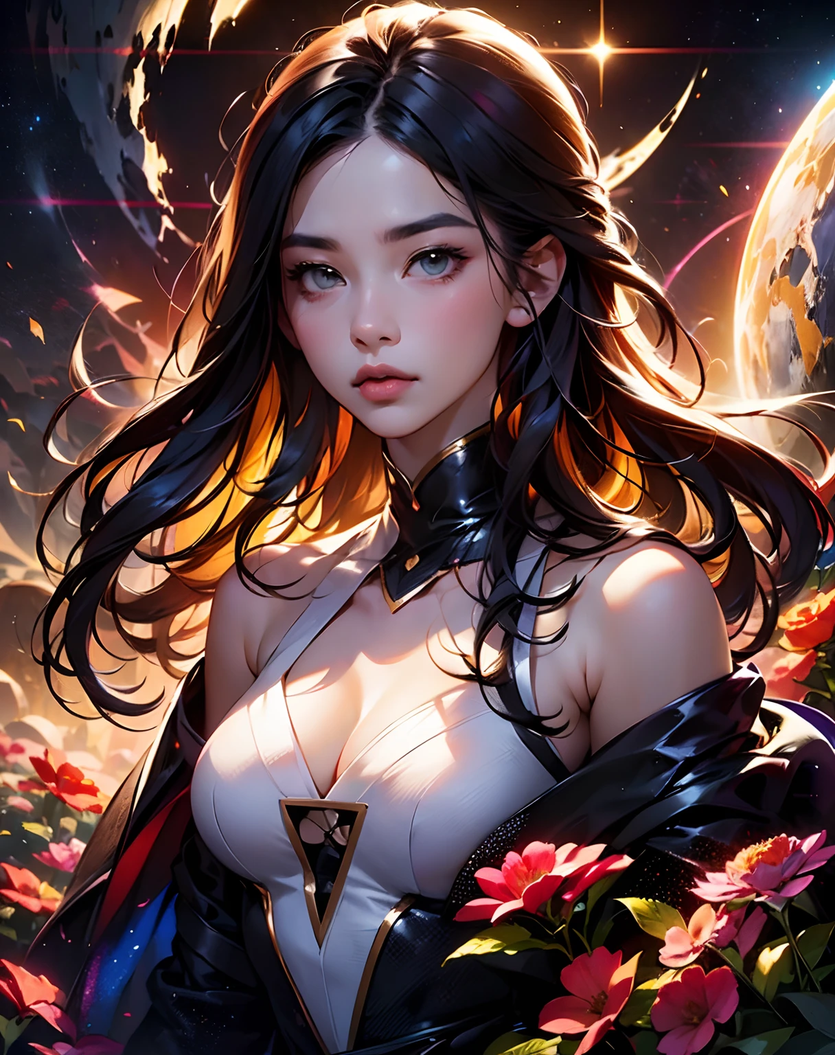 Beautiful face, beautiful body, Girl standing in the clouds staring up as the stars, stars floating around her, brilliant colors, amazing swirls of cosmic dust, colorful vibrant, light particles, Create digital artwork in the Pop Art style, Featuring a vibrant and confident young Asian girl，street fashion (dress), Movie color scheme, Surrounded by vintage flower motifs, Vibrant brushstrokes,Emotions should be dynamic, Upper body, Drawing, illustration,  Many flowers,