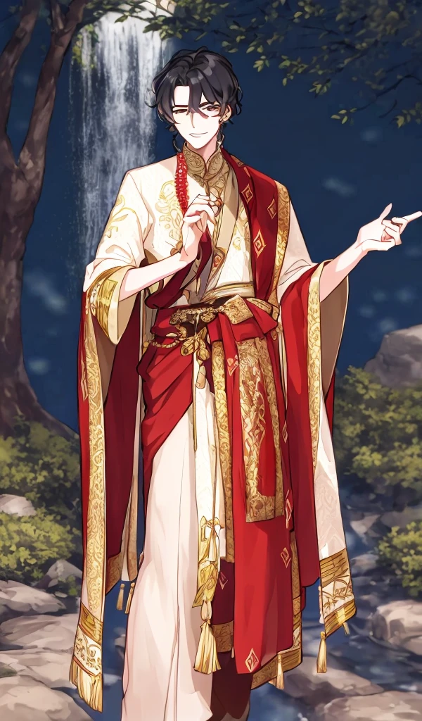 Anime - a stylistic image of a man in traditional Indian costume,The background is woods，mont，waterfallr， ((wearing aristocrat robe)), royal elegant pose, imperial royal elegant clothing, Delicate androgynous prince, Beautiful androgynous prince, adorned in majestic attire, royal attire akira, aristocratic appearance, wearing fantasy formal clothing, dignified aristocrat,At the city gate， The tree，Wearing Gorgeous Costume, very detailed and rich clothing