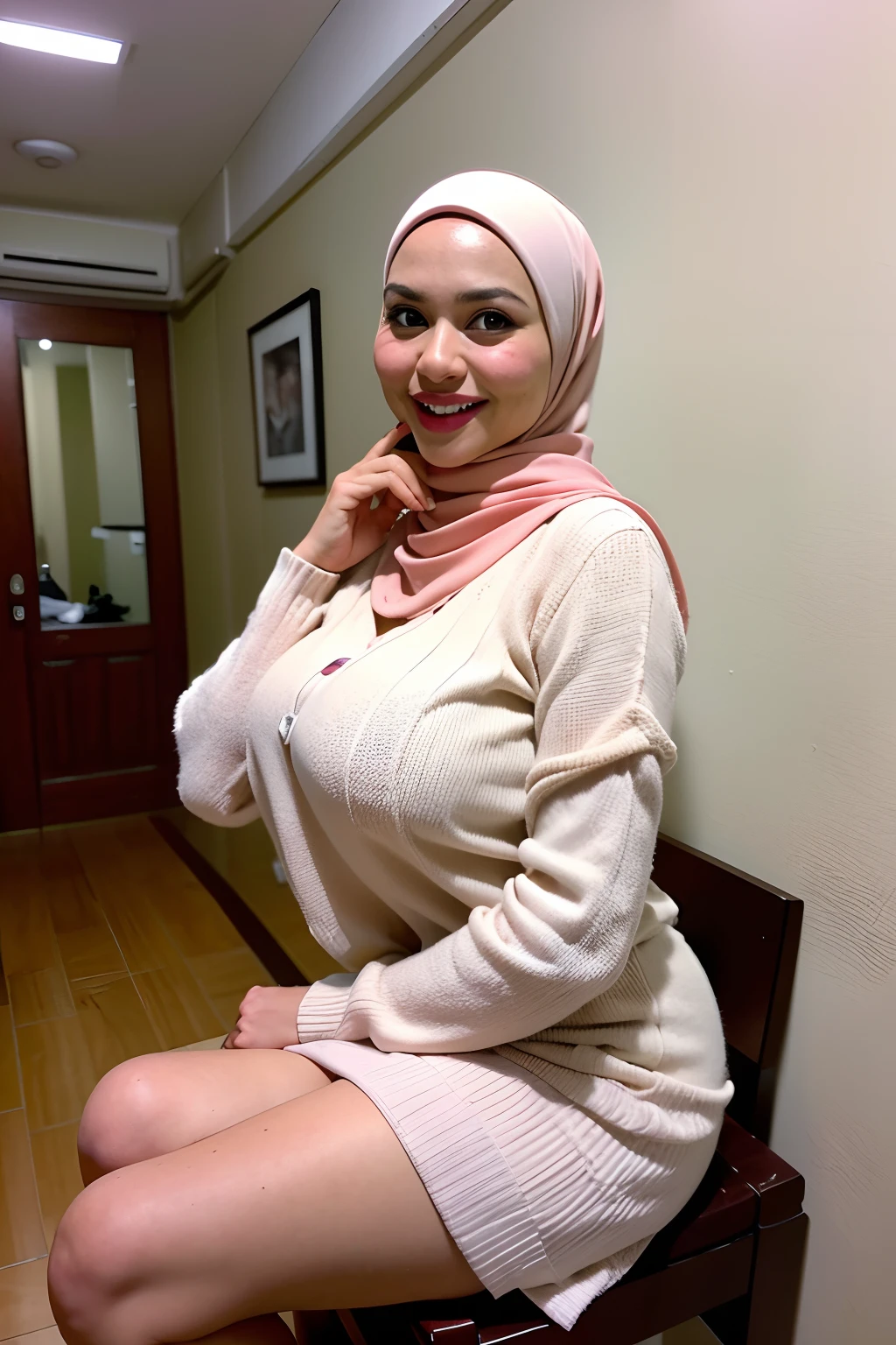 1 malay girl , (modern plain cream hijab) , smile, medium portrait shot , watery  eyes , glow blue eyes, (blue pleated shirts + white skirt), white long socks, white modern hotel bedroom background, bright front light, breast grab pose, ((big tits:1.3)) , ((excessive cum:1.2)), Prenegant, (((sexy pose milf))) ,perfect scene