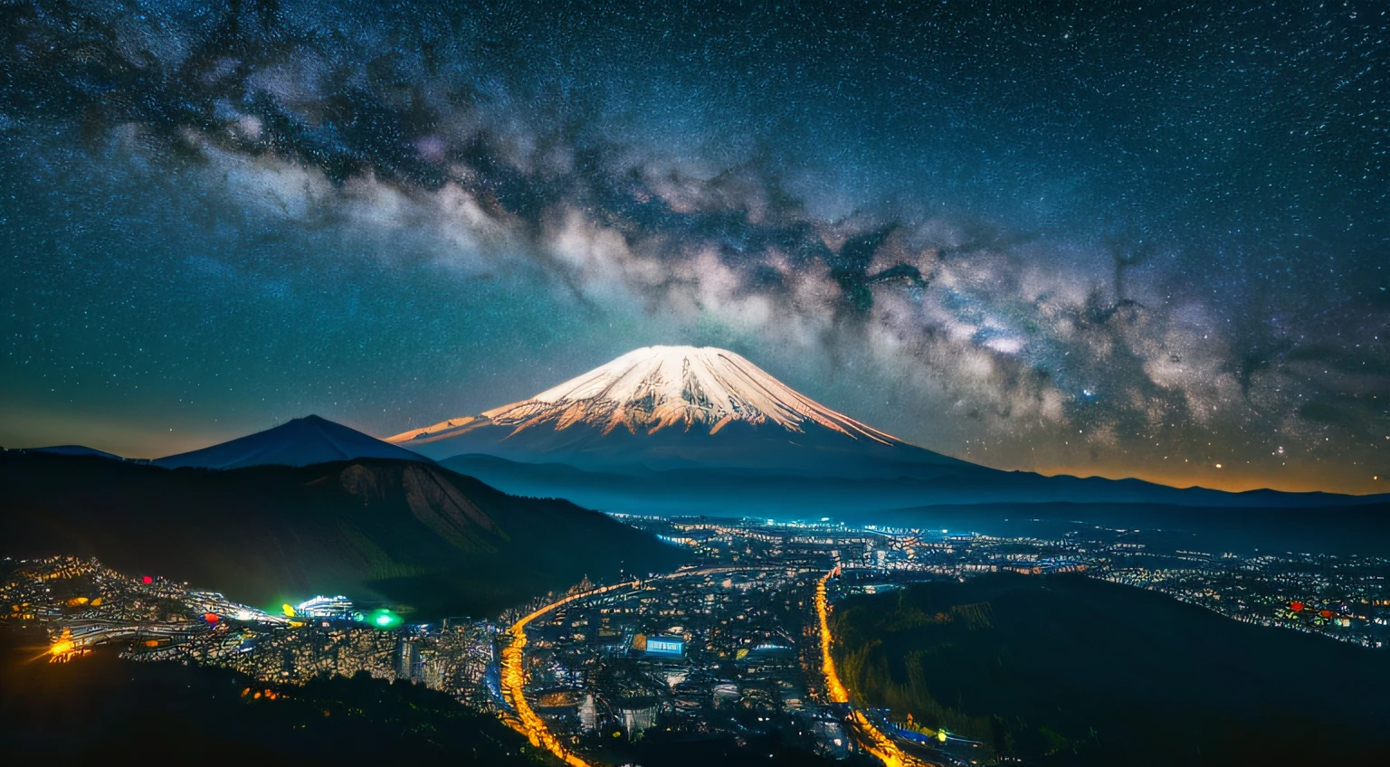NIGHT、luci、Over Tokyo、Sky tree,,、mount fuji、Movie lighting、depth offield、bokeh、realistness、PHOTOREALISTIC、Hyper Realism、professional photos、DTF、Dslr、DTF
