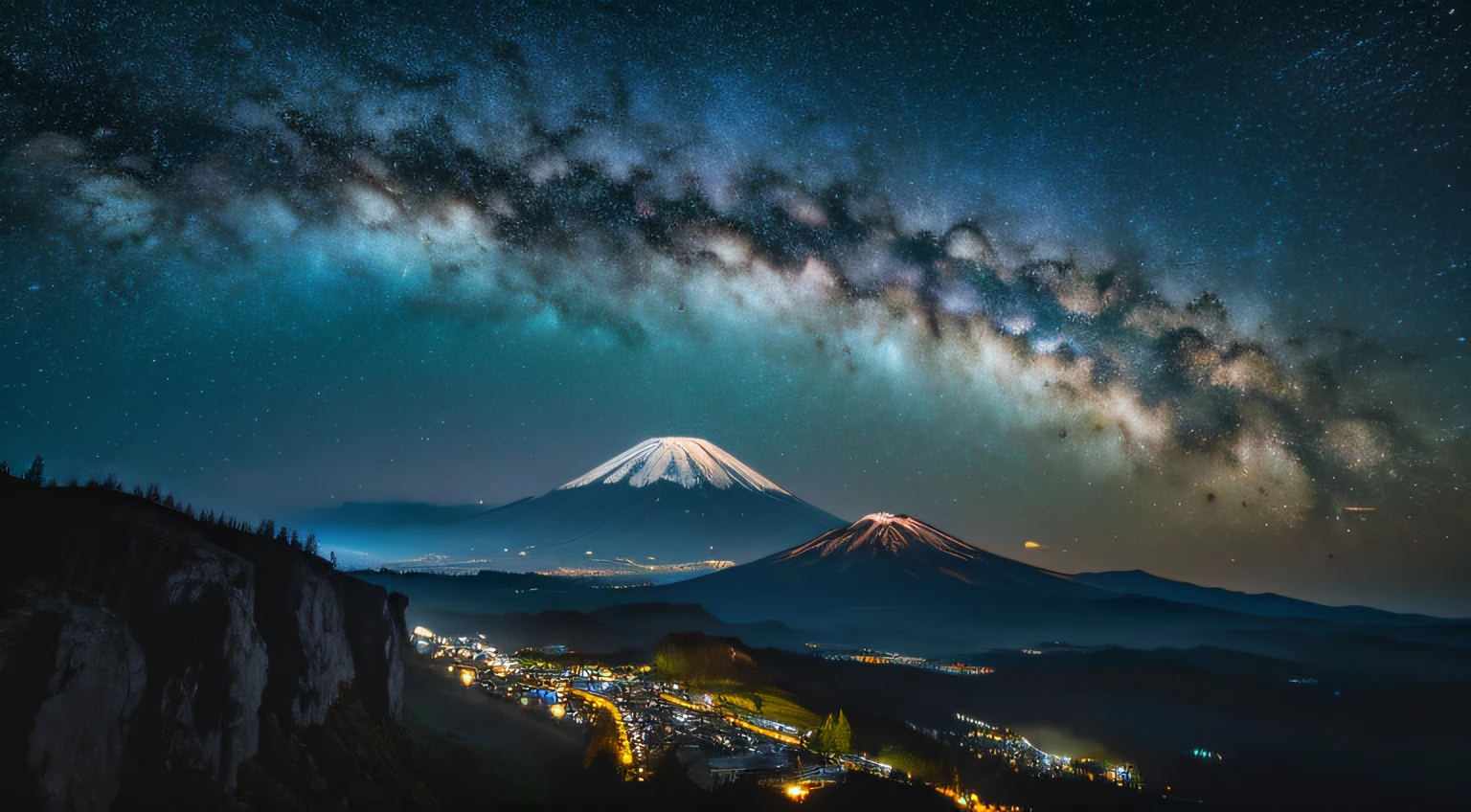 Master Parts、Superior Quality、superior image quality、The 8k quality、Beautiful starry sky、grand、Arched Milky Way:1.9、The light that illuminates Mt. Fuji