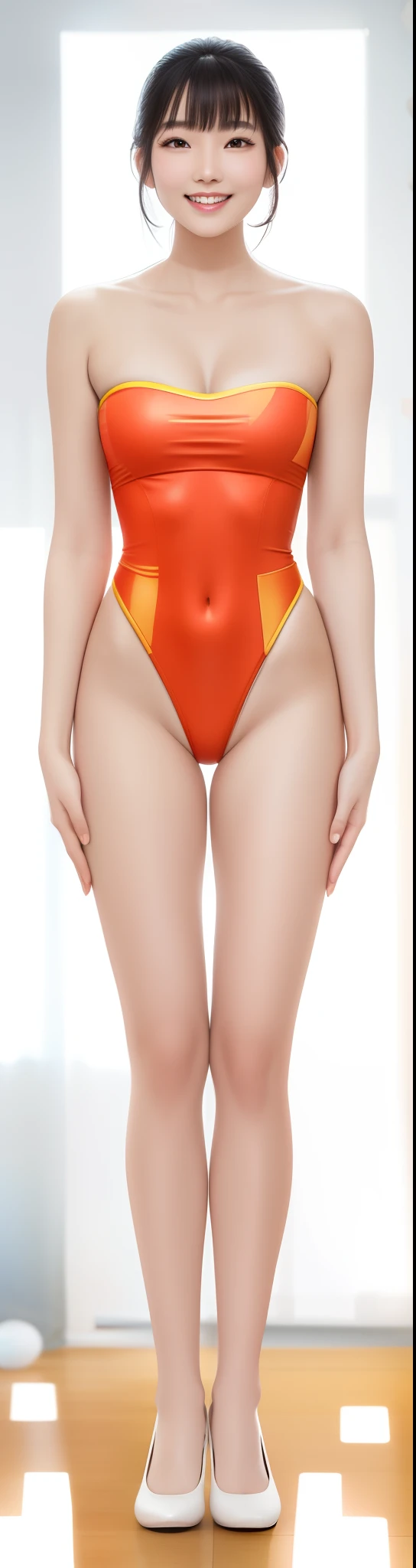 On the white background,A tall and beautiful Chinese girl,with fair skin,Toothy smile,A big smile,When you laugh, Your eyes are crescent-shaped,fringe,Wear a one-piece swimsuit and pumps,Swimsuits are decorated with joyful patterns, Stand up straight,Stand upright,hands on sides,Symmetrical distribution,Ray tracing,All shaded areas,No windows, Soft lighting, Warm light,Without sunlight, Studio light, 1.4x Realistic Ultra HD