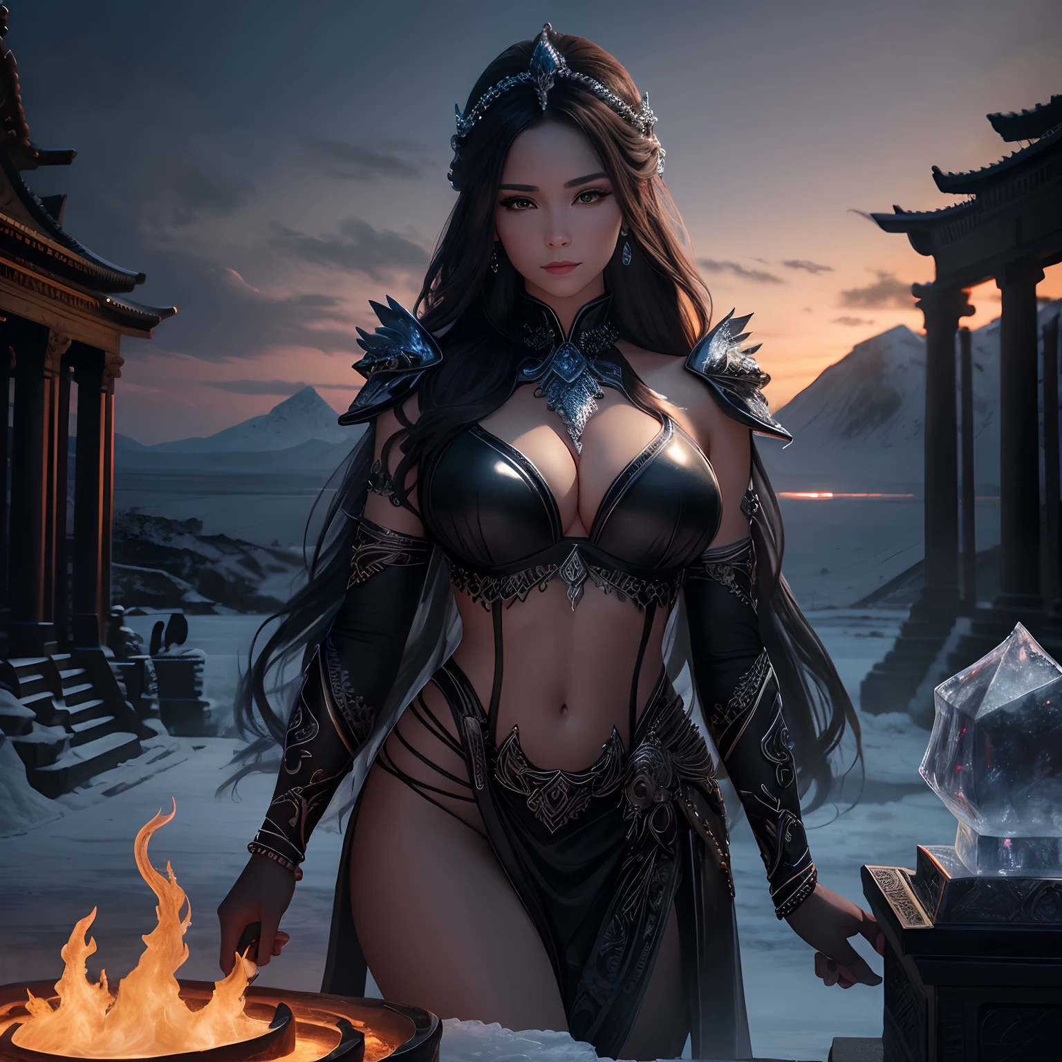 super high quality, (8k, RAW photo, realistic), ice sculpture of a beautiful woman, background black, gorgeous temple of fire, (magnificent view:1.3), detailed and delicate depiction and flashy and dynamic painting method, professional lighting