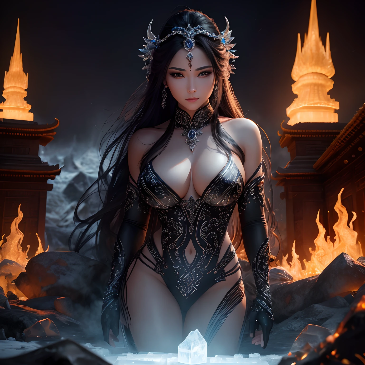 super high quality, (8k, RAW photo, realistic), ice sculpture of a beautiful woman, background black, gorgeous temple of fire, (magnificent view:1.3), detailed and delicate depiction and flashy and dynamic painting method, professional lighting