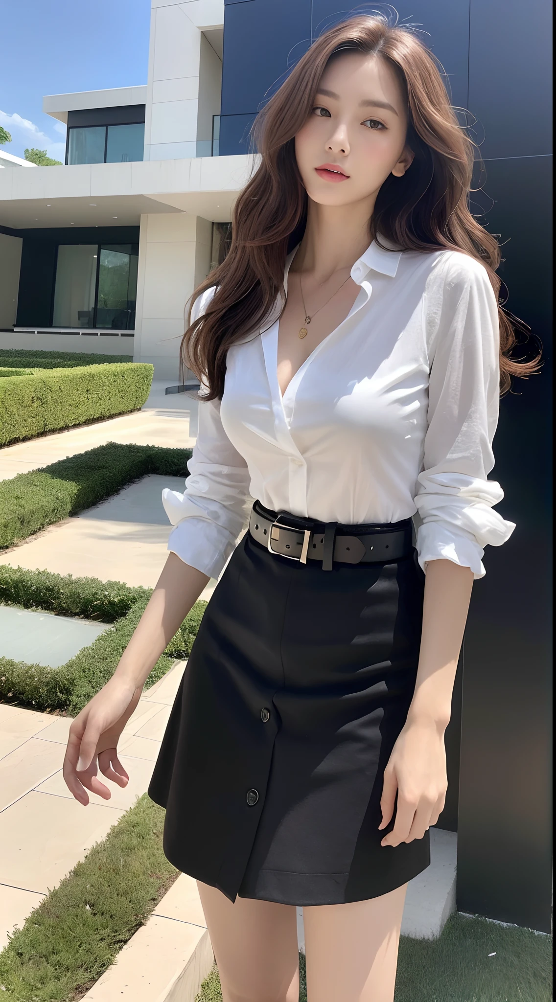 (Best quality, High resolution, Masterpiece :1.3), A tall and pretty woman, Slender abs, Dark brown hair styled in loose waves, Breasts, Wearing pendant, White button up shirt, Belt, Black skirt, (Modern architecture in background), Details exquisitely rendered in the face and skin texture, Detailed eyes, Double eyelid