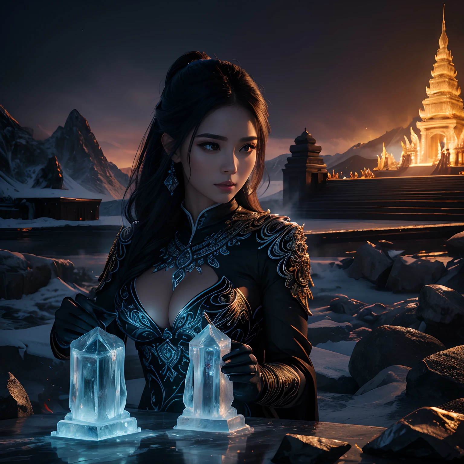 super high quality, (8k, RAW photo, realistic), ice sculpture of a beautiful woman, background black, gorgeous temple of fire, (magnificent view:1.3), detailed and delicate depiction and flashy and dynamic painting method, professional lighting