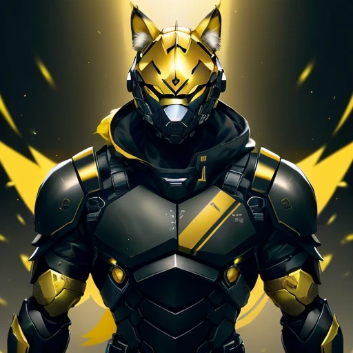 a man in armor with a yellow and black helmet, the golden cat armor knight, black armor with yellow accents, wolf armor, warframe hound art, wearing golden cat armor, an anthropomorphic cyberpunk fox, husky in shiny armor, black and golden armor, black and gold armor, gold obsidian armor, trending on artstation 4k, cyberpunk bee