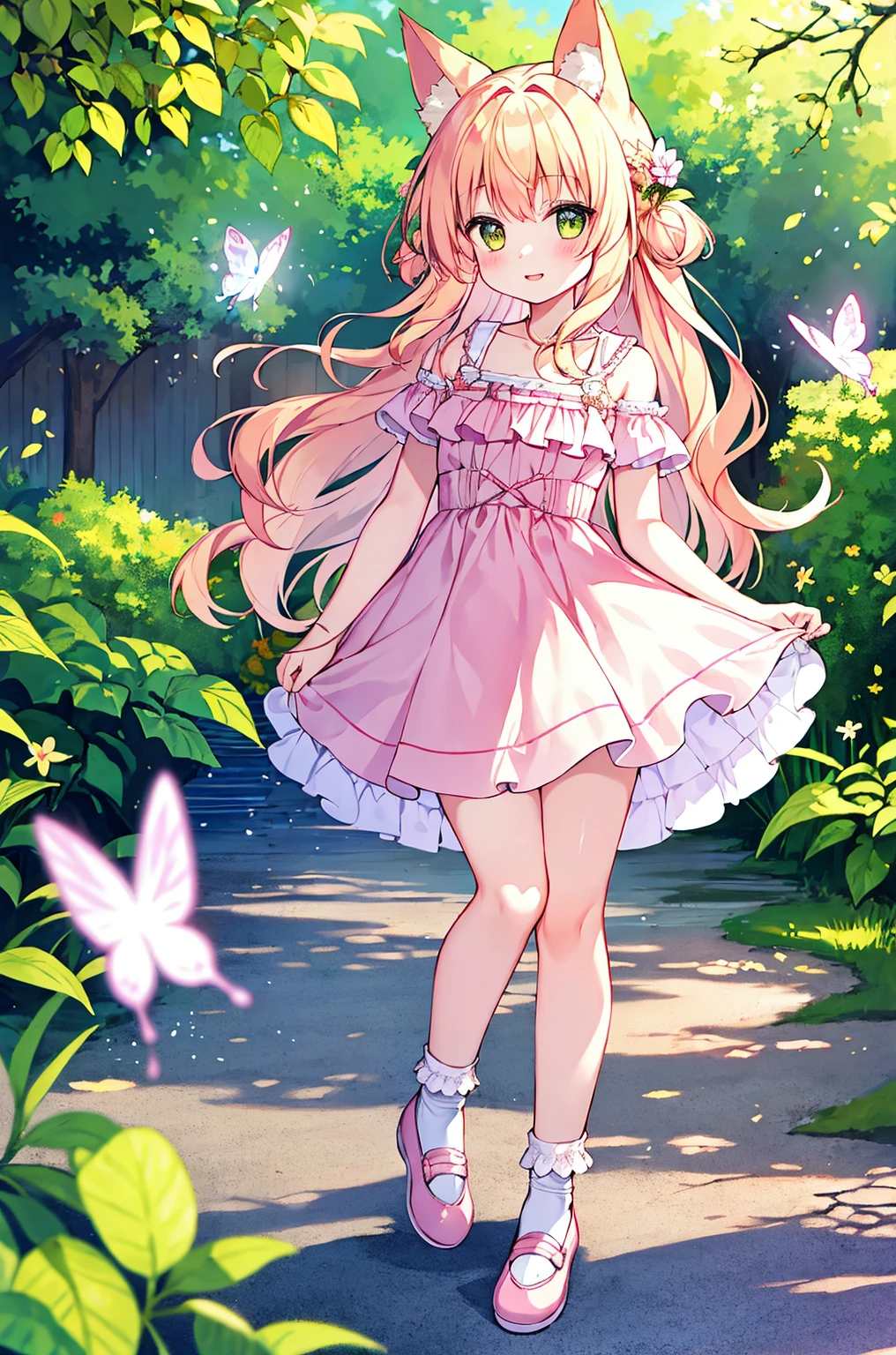 masterpiece, best_quality,1girl, solo,fox_ears,yellow eyes:1.5|green eyes:1.1,(pink hair:1.2|blonde hair), gentle hazel eyes, flowing wavy hair, ankle socks, gazing at viewer, white socks, ballet flats, pastel sundress, full body, butterfly garden, surrounded by fluttering butterflies, sunlight filtering through leaves, serene expression, spring