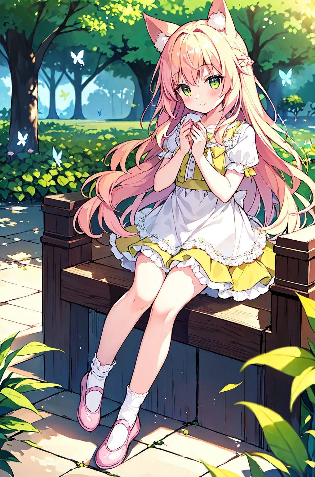 masterpiece, best_quality,1girl, solo,fox_ears,yellow eyes:1.5|green eyes:1.1,(pink hair:1.2|blonde hair), gentle hazel eyes, flowing wavy hair, ankle socks, gazing at viewer, white socks, ballet flats, pastel sundress, full body, butterfly garden, surrounded by fluttering butterflies, sunlight filtering through leaves, serene expression, spring