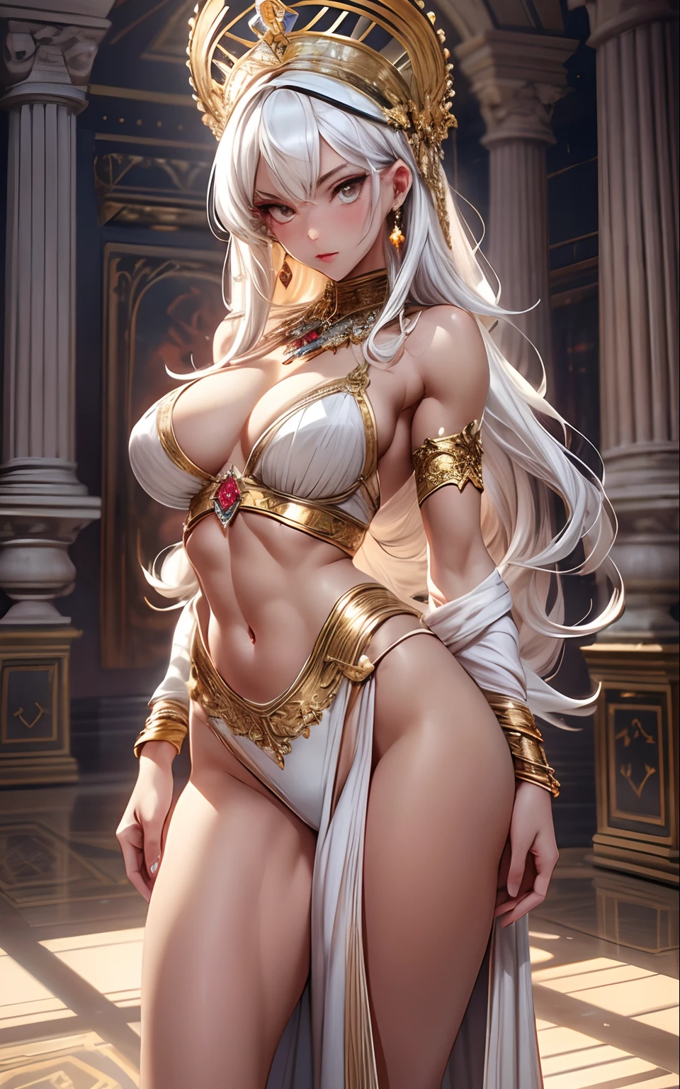 full female body standing in gym, (((Multicolor Hair, [White Hair])))), Ultra Realistic 8k CG, Perfect Face, Flawless, Bright Golden Eyes, Clean, Masterpiece, Professional Artwork, Famous Art, Cinematic Lighting, Perfect Face , beautiful face, beautiful eyes, (((perfect female body, narrow waist, broad chest, broad shoulders, slim muscles, toned muscles))), beautiful queen, royal, divine, goddess, (royal palace), fantasy, dreamlike, unreal, sci-fi, (small breasts, tiny breasts, flat chest), delicate jewelry lingerie, breasts out, absurdly long hair, very long hair, (rich: 1.4), prestige, luxury, jewelry, diamond, gold, pearl, gem, sapphire, ruby, emerald, intricate detail, delicate pattern, sexy, enchanting, alluring, alluring, erotic, enchanting, hair ornament, necklace, earrings, bracelet, bangle, looking at viewer, Unbeatable Masterpiece, Ultra Realistic 8k CG, Perfect Art, Super Detailed Rendering, Masterpiece, High Quality, High Resolution, Detail maniac, High Definition, High Quality, Detailed Face, Detailed Body Limbs, No Bra, exposed breasts, blush, white stockings, , well-detailed breasts, beautiful female body, full body, muscular chest, bodybuilder, strong physique, muscle mommy, slim waist, toned abs, muscular quads, muscular lats, bright golden eyes, full body in seductive motion , exposed breasts well detailed breasts