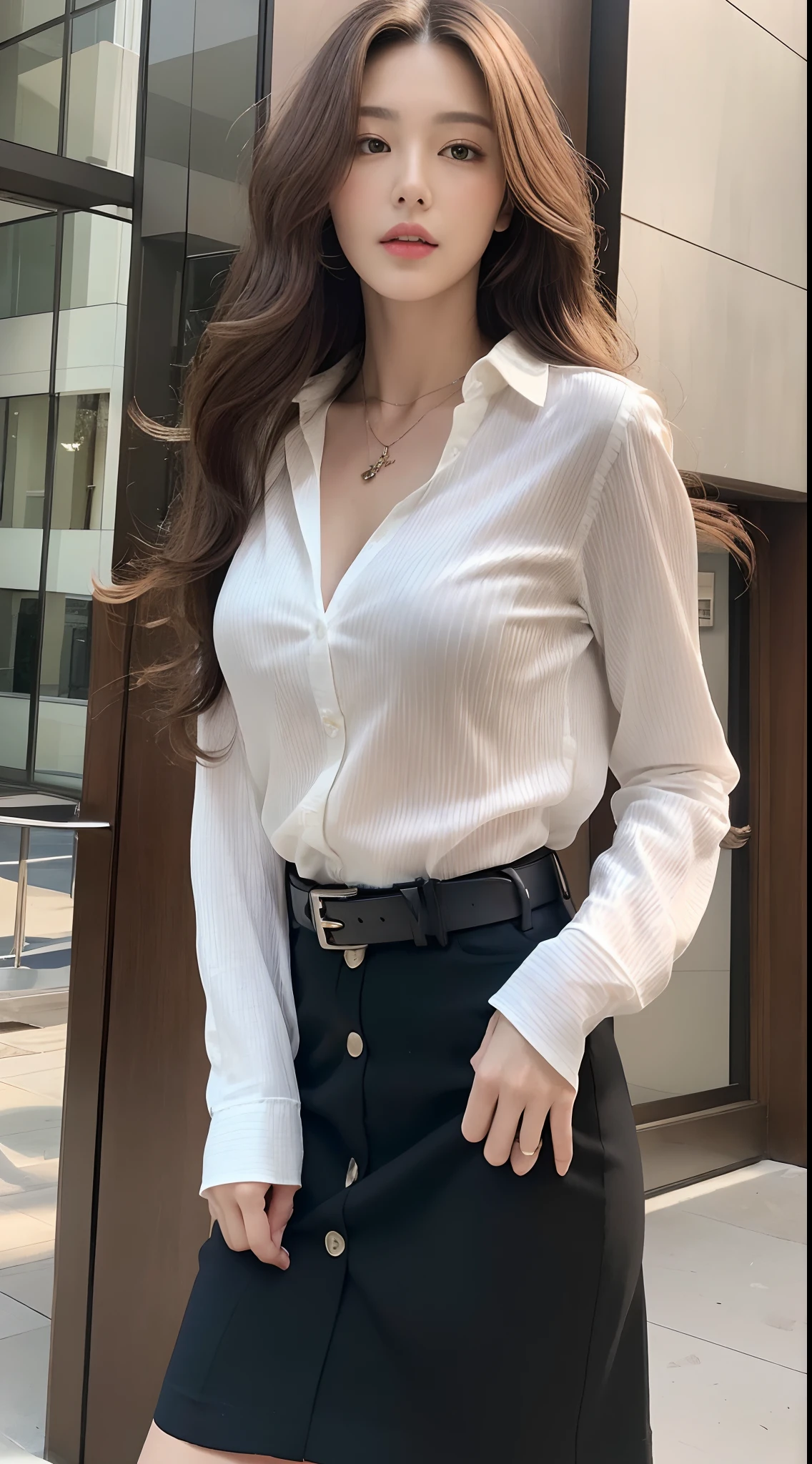 (Best quality, High resolution, Masterpiece :1.3), A tall and pretty woman, Slender abs, Dark brown hair styled in loose waves, Breasts, Wearing pendant, White button up shirt, Belt, Black skirt, (Modern architecture in background), Details exquisitely rendered in the face and skin texture, Detailed eyes, Double eyelid