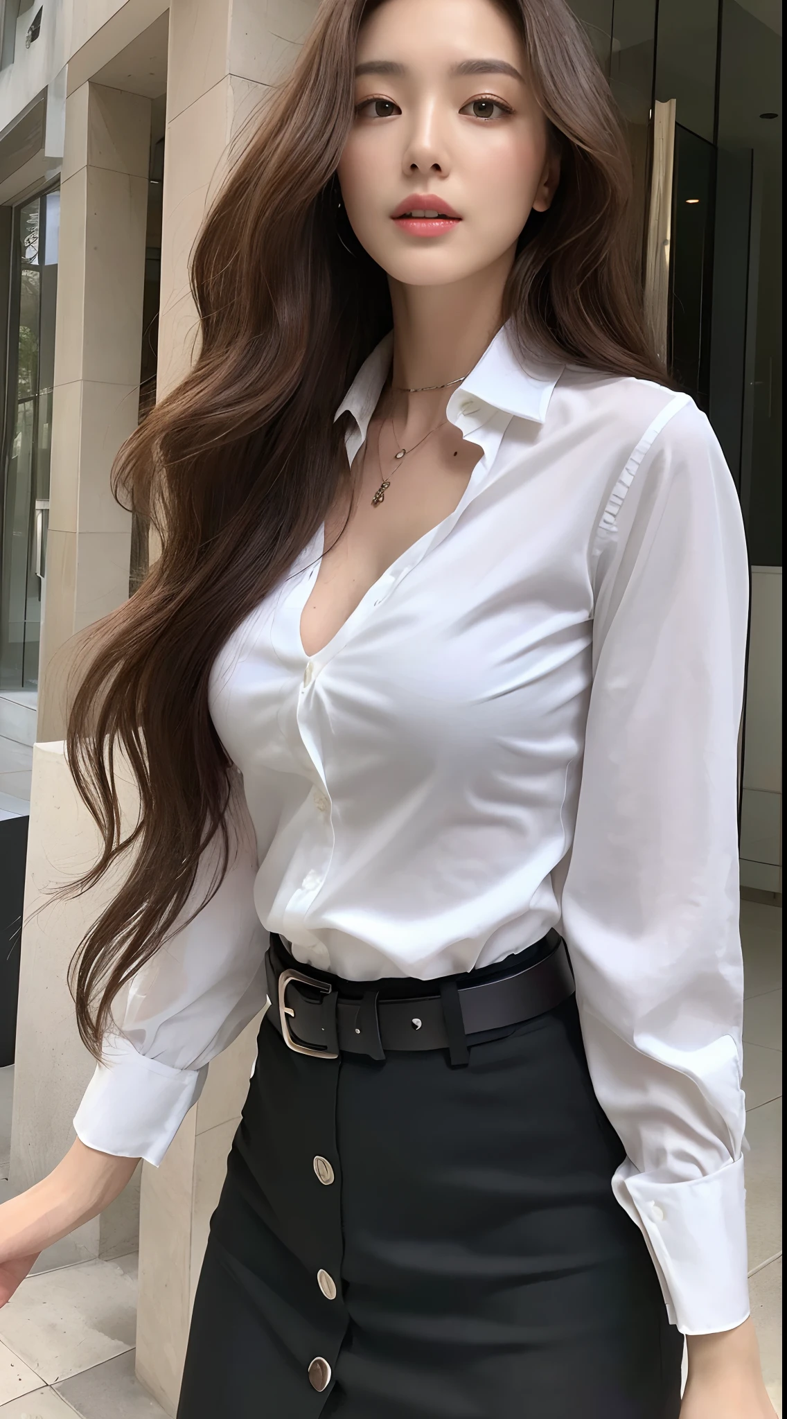 (Best quality, High resolution, Masterpiece :1.3), A tall and pretty woman, Slender abs, Dark brown hair styled in loose waves, Breasts, Wearing pendant, White button up shirt, Belt, Black skirt, (Modern architecture in background), Details exquisitely rendered in the face and skin texture, Detailed eyes, Double eyelid