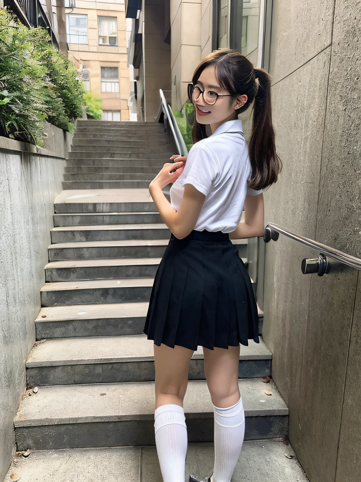 hi-school girl、17age、校服、stairway、Rear view、With the highest quality、photos realistic、kawaii、Beautie、low angles、You can almost see your pants、from the rear、a miniskirt、high socks