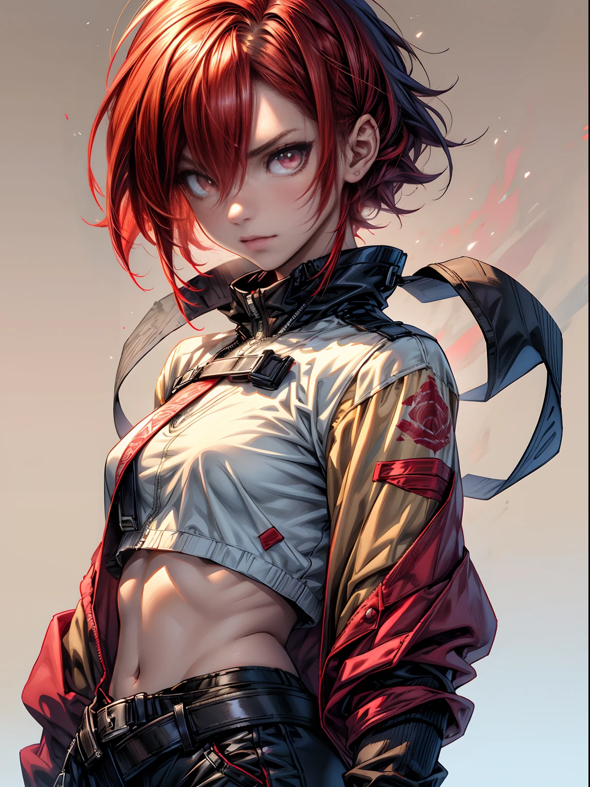 Anime-style illustration of a young girl with intense crimson eyes and short, red hair in a modern bob cut. She's wearing a loose, beige jacket over a dark crop top, radiating a tough, no-nonsense attitude.The image should be drawn with soft pastels on a white backdrop, embodying a youthful and musical theme with gentle watercolor textures, while maintaining the crispness of anime artistry. --s 180