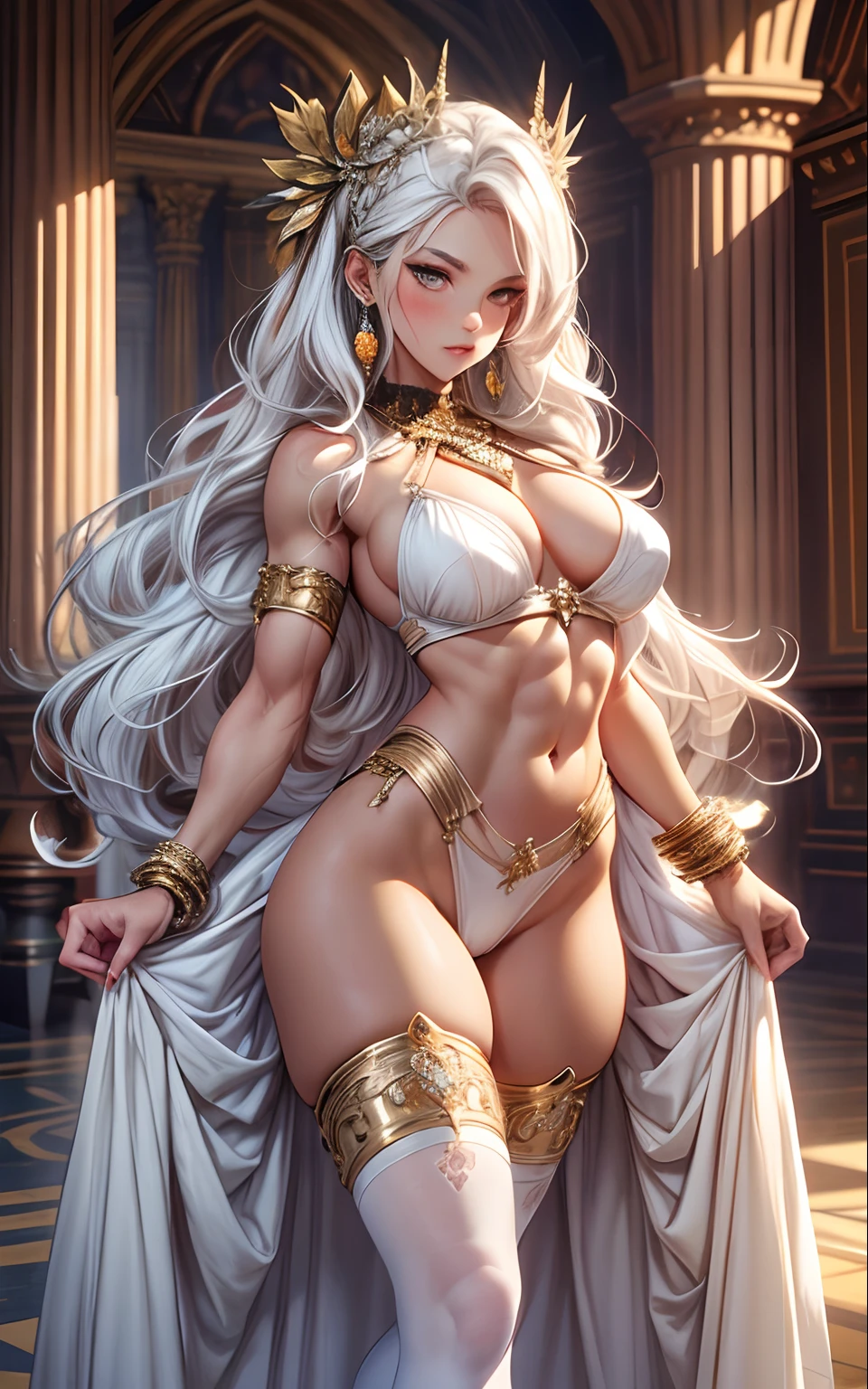 full female body standing in gym, (((Multicolor Hair, [White Hair])))), Ultra Realistic 8k CG, Perfect Face, Flawless, Bright Golden Eyes, Clean, Masterpiece, Professional Artwork, Famous Art, Cinematic Lighting, Perfect Face , beautiful face, beautiful eyes, (((perfect female body, narrow waist, broad chest, broad shoulders, slim muscles, toned muscles))), beautiful queen, royal, divine, goddess, (royal palace), fantasy, dreamlike, unreal, sci-fi, (small breasts, tiny breasts, flat chest), delicate jewelry lingerie, breasts out, absurdly long hair, very long hair, (rich: 1.4), prestige, luxury, jewelry, diamond, gold, pearl, gem, sapphire, ruby, emerald, intricate detail, delicate pattern, sexy, enchanting, alluring, alluring, erotic, enchanting, hair ornament, necklace, earrings, bracelet, bangle, looking at viewer, Unbeatable Masterpiece, Ultra Realistic 8k CG, Perfect Art, Super Detailed Rendering, Masterpiece, High Quality, High Resolution, Detail maniac, High Definition, High Quality, Detailed Face, Detailed Body Limbs, No Bra, exposed breasts, blush, white stockings, , well-detailed breasts, beautiful female body, full body, muscular chest, bodybuilder, strong physique, muscle mommy, slim waist, toned abs, muscular quads, muscular lats, bright golden eyes, full body in seductive motion , exposed breasts well detailed breasts