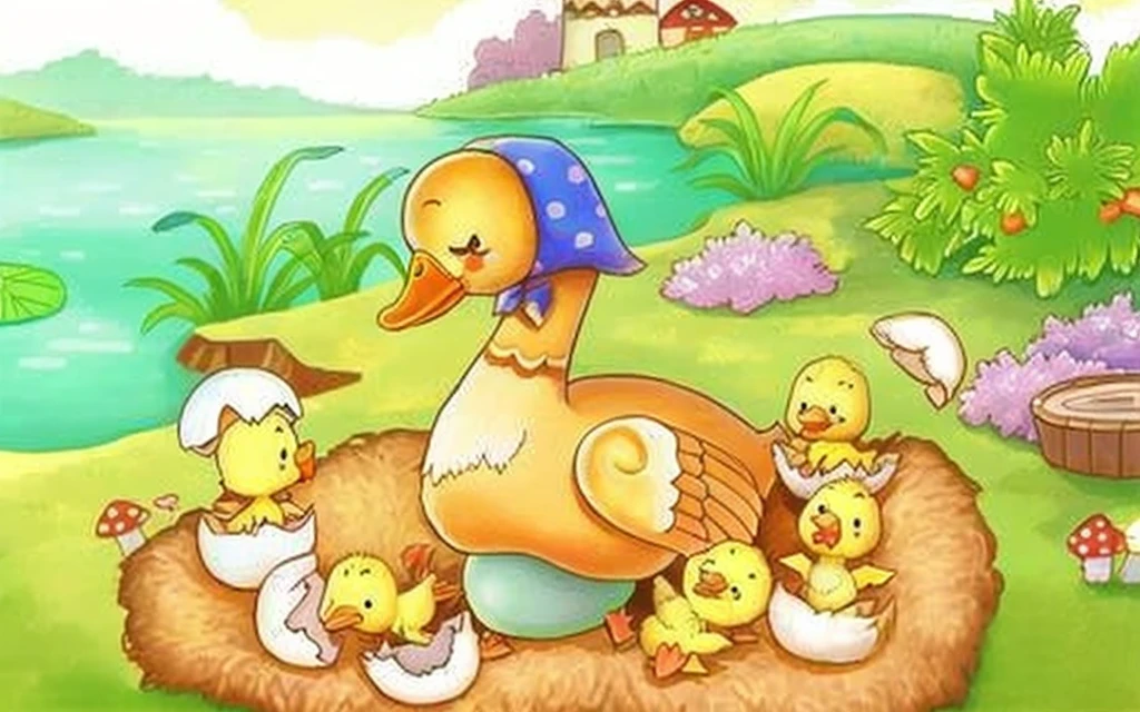 Cartoon duck family with chicks nesting on a green field by the water's edge, Casey Zidak Dark, Grandma, cute storybook illustration, Cute duck,  celebrating,rubber duck, loony tunes style,high definition detail，eric-carle