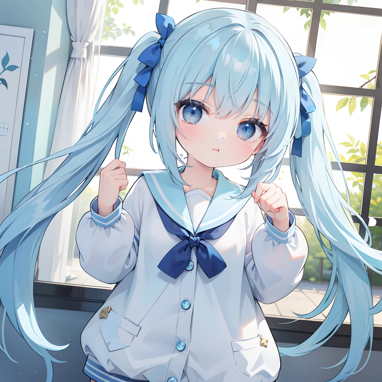 extremely detailed CG unified wallpapers 8k, very good wallpaper 8KCG, Absurder,Lori ,Best Quality ,ultra-detailliert ,beatiful face ,tmasterpiece、Show from head to waist、There is a girl、topquality(tmasterpiece), topquality, 1girl in, light-blue hair、pigtails、Light blue sailor suit and light blue cardigan、Light Blue Ribbon、light blue eyes、Kawaii