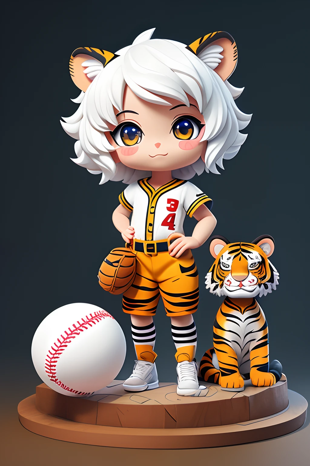 ​masterpiece、top-quality、Lots of detail、(full bodyesbian:1.2)、Chibi、Tiger Girl、white  hair、Oversized Baseball Uniforms, Baby Tiger、3d rendered、Q Printmaking Style