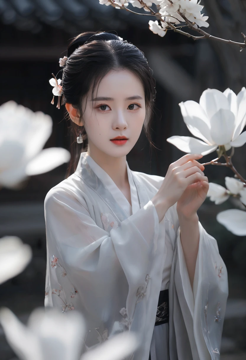 Fashion Photography Portrait Girl, cropped shoulders, Hanfu, Chinese countryside, elegant figure, flowing fabrics, Sunshine,Pose in front of the flowers, Soft light edge lights, beautiful shadow, low tune, Realistic, Natural skin texture, Realistic Eyes and Face Details, surrealism,photorealistic eye, translucent resin waves, utopian vision, qing dynasty, dark white and light gray, eye-catching tags