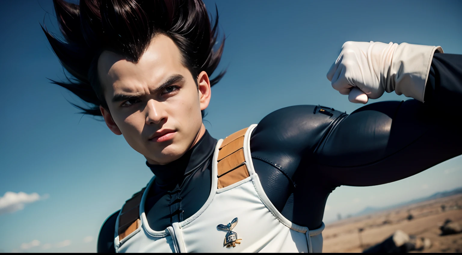 (masterpiece, best quality:1.2), cowboy shot, solo, male focus, 1boy, vegeta, serious, looking at viewer, black spiked hair, black eyes, armor, white gloves