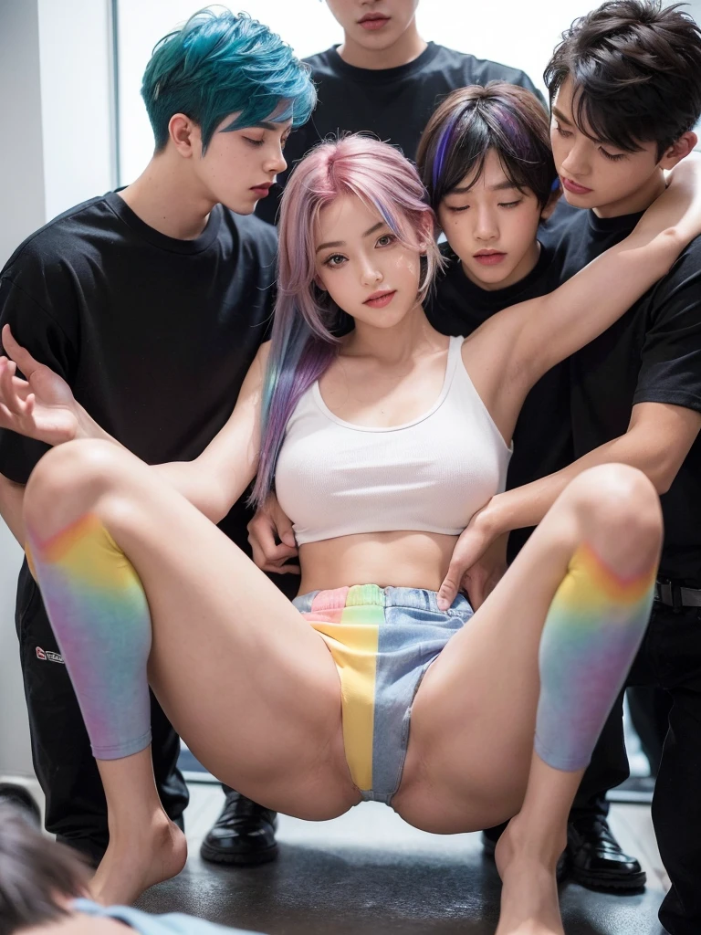 (A group of boys surrounded a girl，The boys controlled a girl's limbs at the same time:1.7)，(only girl，femdom，Seductive pose，Spread her legs to the sides，Half squat on tiptoe，Hands on the back of head，The crotch is raised，huge boob，Sweet smile)，(Stylish hairstyle，Design intricate hairstyles，Extremely complex hairstyle，random color hair，Rainbow color pick-dye，Cute hairstyle，Asymmetrical hairstyle)，(pantiess)