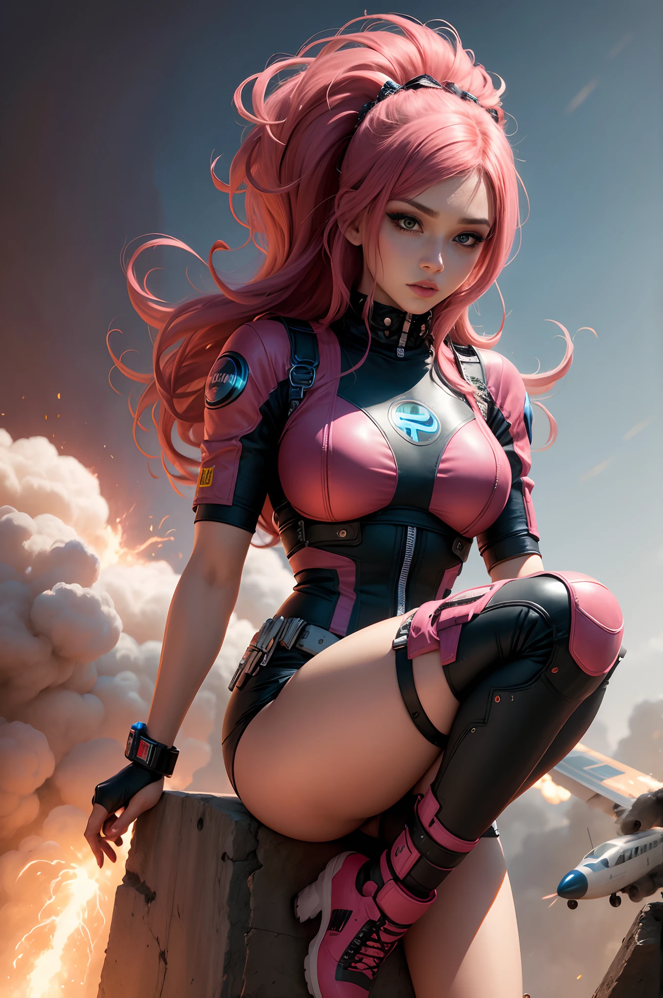 mulher, cabelo rosa claro, olho azul, pele rosada com sardas, estilo cyberpunk, futurista, roupas pretas e rosa, Jumping on a plane, paraquedas, fogo, Explosions, hd, hq, qualidade