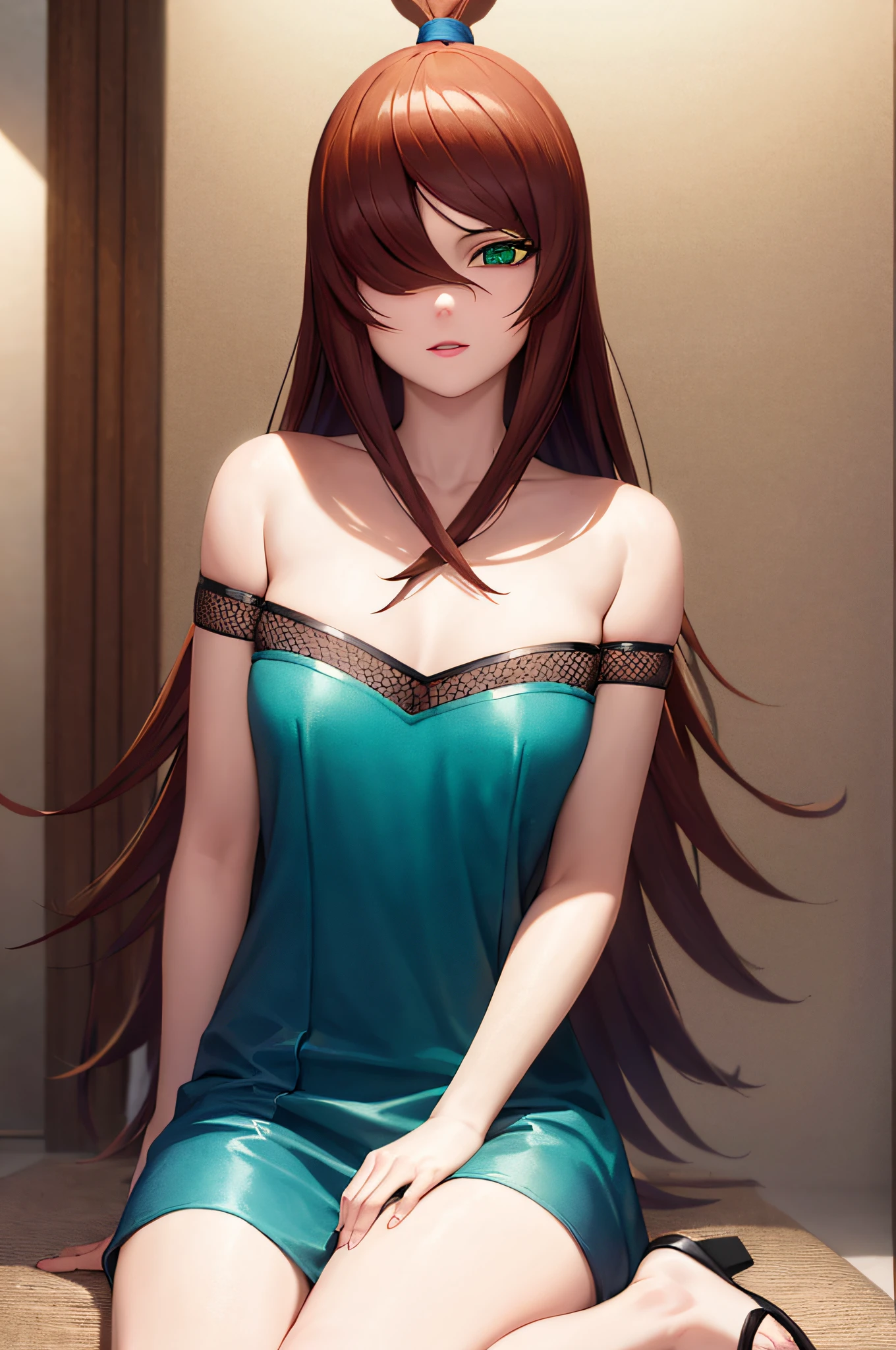 meiterumi, mei terumi, long hair, brown hair, (green eyes:1.5), topknot, hair covering one eye,
BREAK dress, bare shoulders, blue dress, sandals, fishnets,
BREAK cowboy shot, looking at viewer, 
BREAK indoors,
BREAK (masterpiece:1.2), best quality, high resolution, unity 8k wallpaper, (illustration:0.8), (beautiful detailed eyes:1.6), extremely detailed face, perfect lighting, extremely detailed CG, (perfect hands, perfect anatomy),