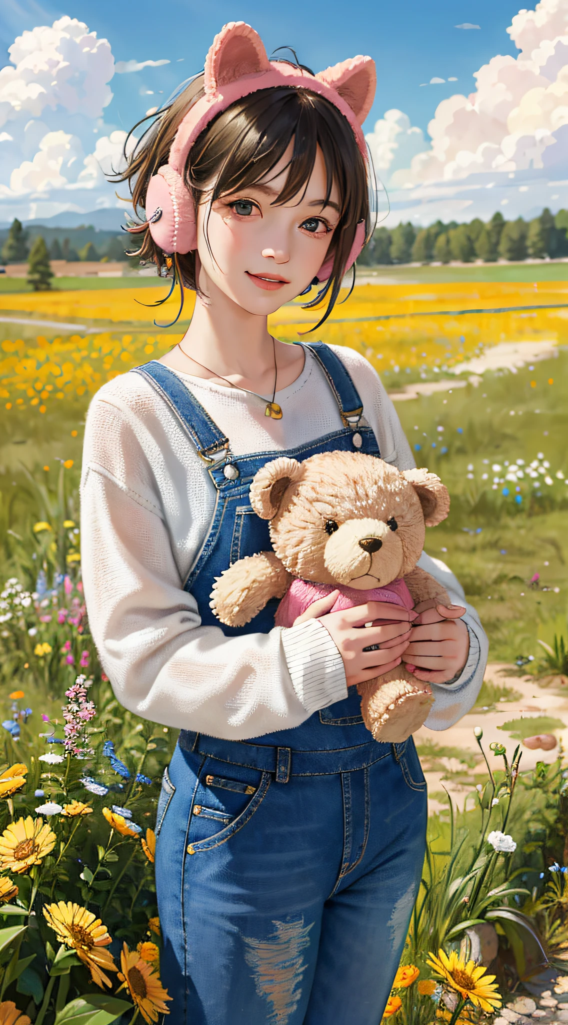 (Masterpiece:1.5, Best quality:1.5), Realistic, (Ultra photo realsisim:1.5), (photograph realistic:1.5), (Real picture, Intricate details), view the viewer, (8K wallpaper:1.5) (From knee to head:1.15), (Detailed face:1.5), (Detailed eyes:1.5), (clear photo),Highly detailed, Ultra-detailed, 超高分辨率, (strong depth of field:1.5)
Style - cute and playful
Positioning - Open field
Background - blue sky and white clouds
Theme - girl with pink knitwear and animal earmuffs, Holding a teddy bear
View—Front view
Appearance - short hair, Bright eyes, Ruddy cheeks
Clothing - pink knitted sweater, jeans overalls, White sneakers, Animal earmuffs
Posture - Stand with a big smile, Hug the teddy bear
Details - wildflowers and tall grass in the background, Butterflies and birds flying around
Effect - warm sunlight shines on the girl, Cast a soft glow
Description - A cute and innocent girl enjoying her time in an empty field, Surrounded by the beauty of nature. She wears a pink knitted sweater, jeans overalls, Wear animal earmuffs when hugging teddy bears. The warm sun shines on her,wildflowers gently swaying in the breeze. Butterflies and birds flew around her, adding to the playful atmosphere.