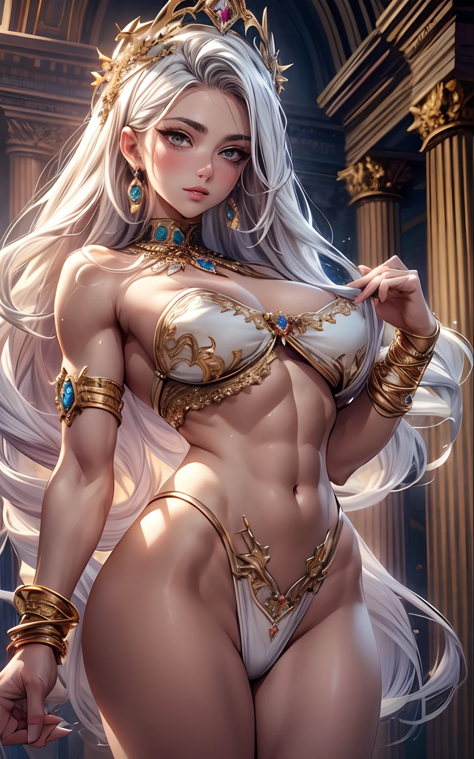 full female body standing in gym, (((Multicolor Hair, [White Hair])))), Ultra Realistic 8k CG, Perfect Face, Flawless, Bright Golden Eyes, Clean, Masterpiece, Professional Artwork, Famous Art, Cinematic Lighting, Perfect Face , beautiful face, beautiful eyes, (((perfect female body, narrow waist, broad chest, broad shoulders, slim muscles, toned muscles))), beautiful queen, royal, divine, goddess, (royal palace), fantasy, dreamlike, unreal, sci-fi, (small breasts, tiny breasts, flat chest), delicate jewelry lingerie, breasts out, absurdly long hair, very long hair, (rich: 1.4), prestige, luxury, jewelry, diamond, gold, pearl, gem, sapphire, ruby, emerald, intricate detail, delicate pattern, sexy, enchanting, alluring, alluring, erotic, enchanting, hair ornament, necklace, earrings, bracelet, bangle, looking at viewer, Unbeatable Masterpiece, Ultra Realistic 8k CG, Perfect Art, Super Detailed Rendering, Masterpiece, High Quality, High Resolution, Detail maniac, High Definition, High Quality, Detailed Face, Detailed Body Limbs, No Bra, exposed breasts, blush, white stockings, , well-detailed breasts, beautiful female body, full body, muscular chest, bodybuilder, strong physique, muscle mommy, slim waist, toned abs, muscular quads, muscular lats, bright golden eyes, full body in seductive motion , exposed breasts well detailed breasts, NSFW, topless