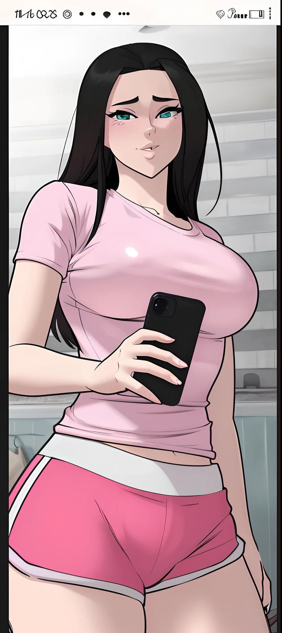 a cartoon picture of a woman in pink shorts holding a cell phone, (sfw) safe for work, touching her clothes, revealing clothes, with a large breasts, oppai, thicc, cell shaded adult animation, she is holding a smartphone, thick neck, realistic shaded perfect body, checking her phone, she has a jiggly fat round belly, with large breasts